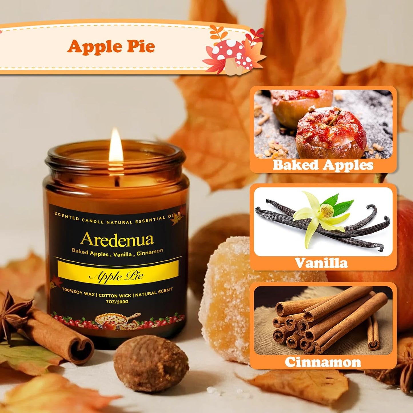 Fall Candles - Apple Pie Candle | Apple Scented Candles for Thanksgiving, 7oz Fall & Winter Soy Candle for Home Scented, 50 Hours Burn Time, Harvest Holiday/Halloween/Autumn Gifts for Women Men
