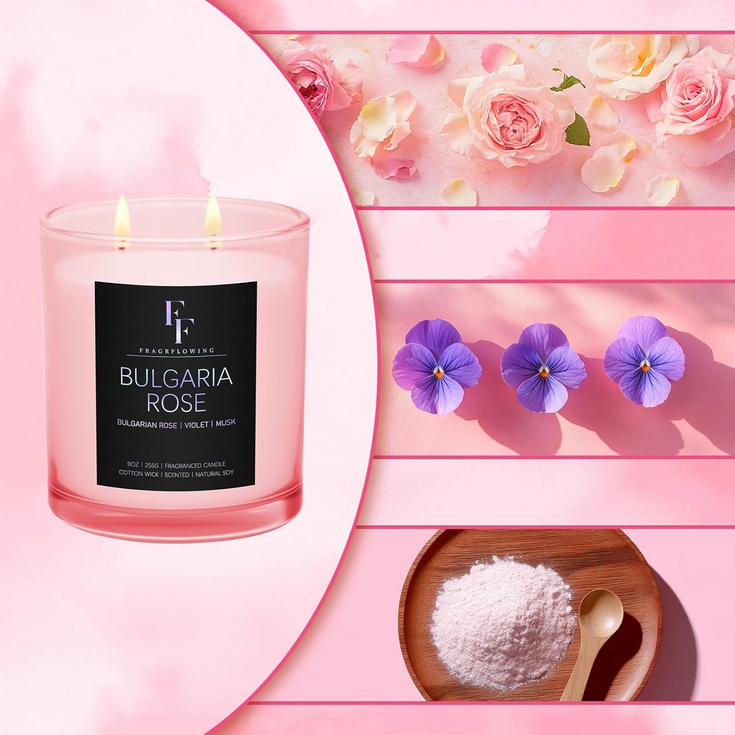 Bulgaria Rose Scented Candle, 2-Wick Luxury Soy Wax Candle, 9 oz Aromatherapy Candle Home Fragrance Candles Gift