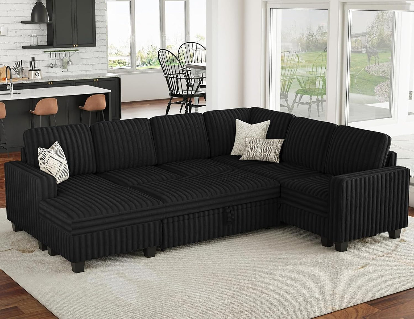 Belffin Corduroy Sleeper Sofa Bed with Storage Chaise Modular Sectional Sofa Couch with Pull Out Bed L Shaped Sectional Couches for Living Room Black Couch