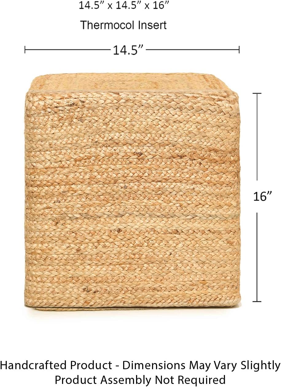 REDEARTH · Cube Pouf Foot Stool Ottoman - Jute Braided Pouffe Poof Accent Sitting Footrest for The Living Room, Bedroom, Nursery, Patio, Lounge & Other Rooms in The Home (14.5”x14.5”x16”; Natural)