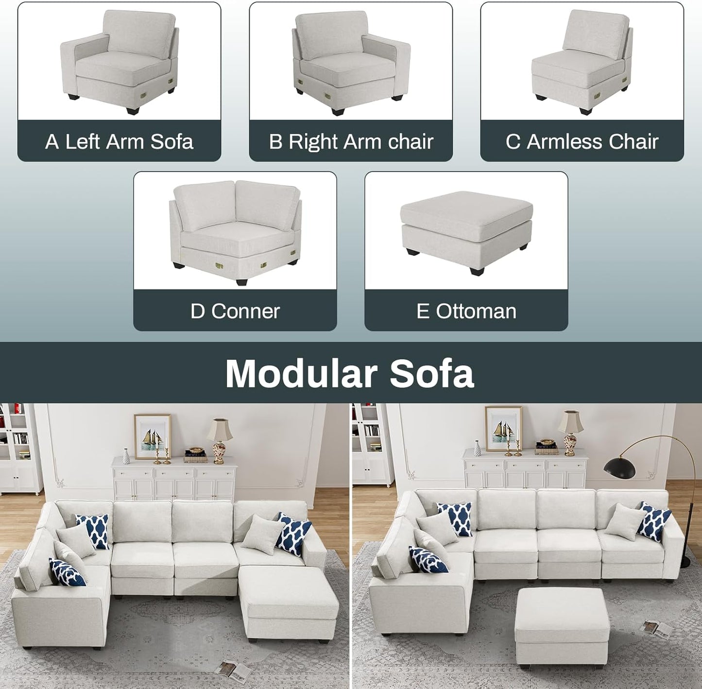 L Lengend Vansen Modular Sectional Sofa U Shaped Couch with Ottoman Modern Reversible Corner Sectional Couch for Living Room (Cream, U Shaped Sofa-1)
