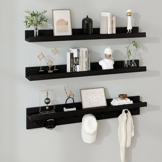 MBYD Floating Shelves for Wall, Nursery Floating Bookshelf for Kids Room, Black Wall Mount Book Shelves with Hooks for Living Room Bedroom Bathroom, 36 Inch Picture Ledge Kitchen Spice Rack Set of 3