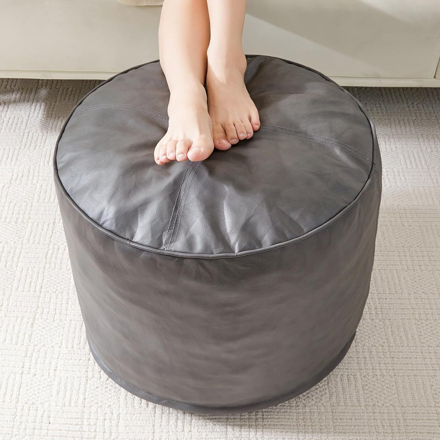 HIGOGOGO Round Stuffed Pouf Ottoman, Pu Leather Poufs with Foam Chunk Filling Foot Stool Storage Ottoman, 26 X 18 Floor Poufs Foot Rest for Living Room, Grey