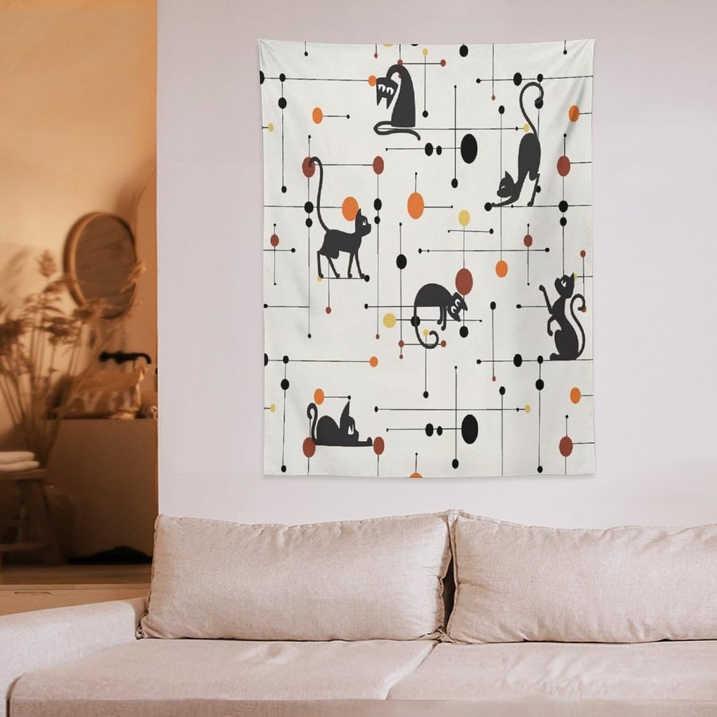 ICMOLYYENLO Abstract Cat Tapestry, Medieval Abstract Atomic Star Cat Vintage Home Wall Hanging Art Tapestry for Bedroom Living Room Dormitory 50x60 Inch