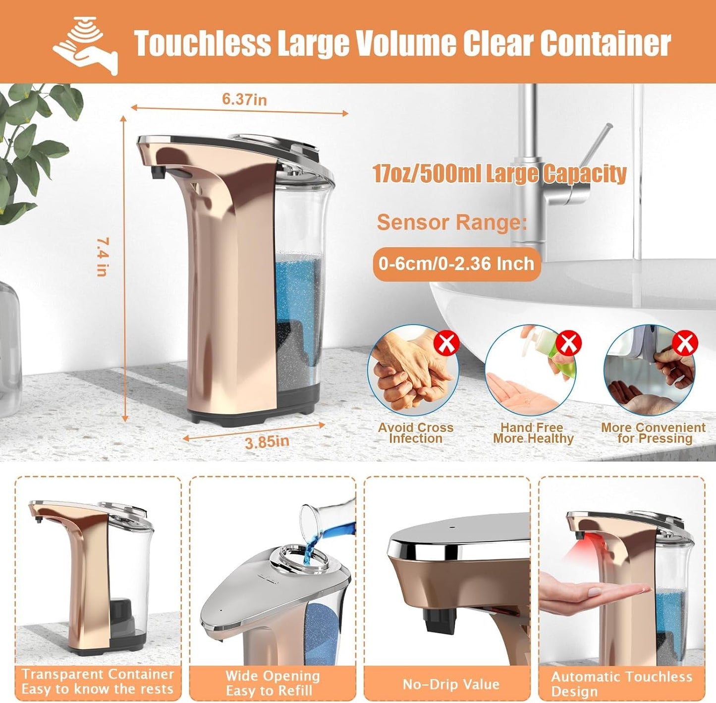 Automatic Soap Dispenser, PZOTRUF Touchless 17oz/500ml with Upgraded Infrared Sensor, 5 Adjustable Soap Dispensing Levels, Liquid Hand Soap Dispenser for Bathroom (Rose Gold)