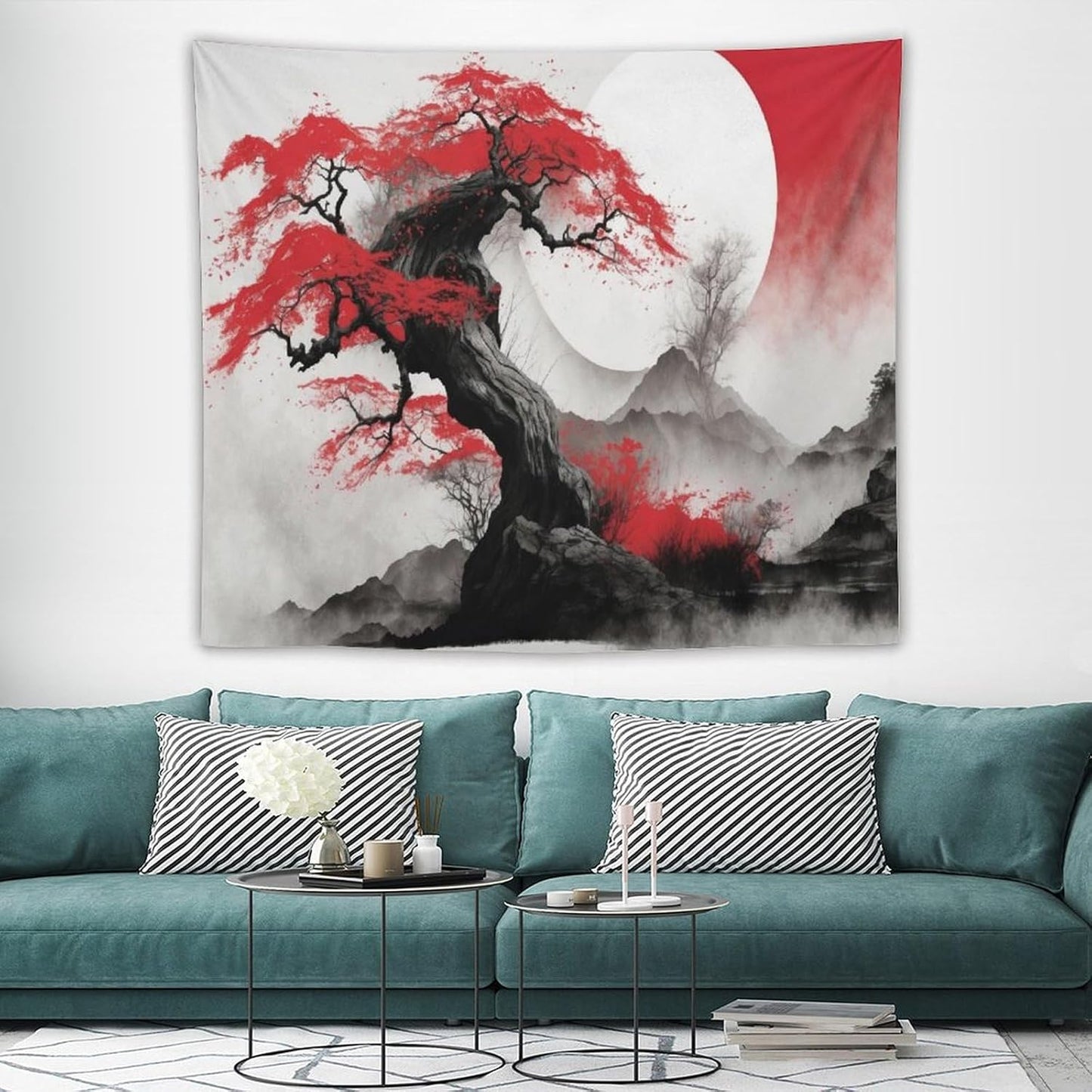 Cherry Blossoms Tapestry,Japanese Red Landscape Asian Watercolor Abstract Art Tapestry,Japanese Wall Tapestry, Nature Landscape Tapestries for Bedroom Living Room Decor 60"x50"