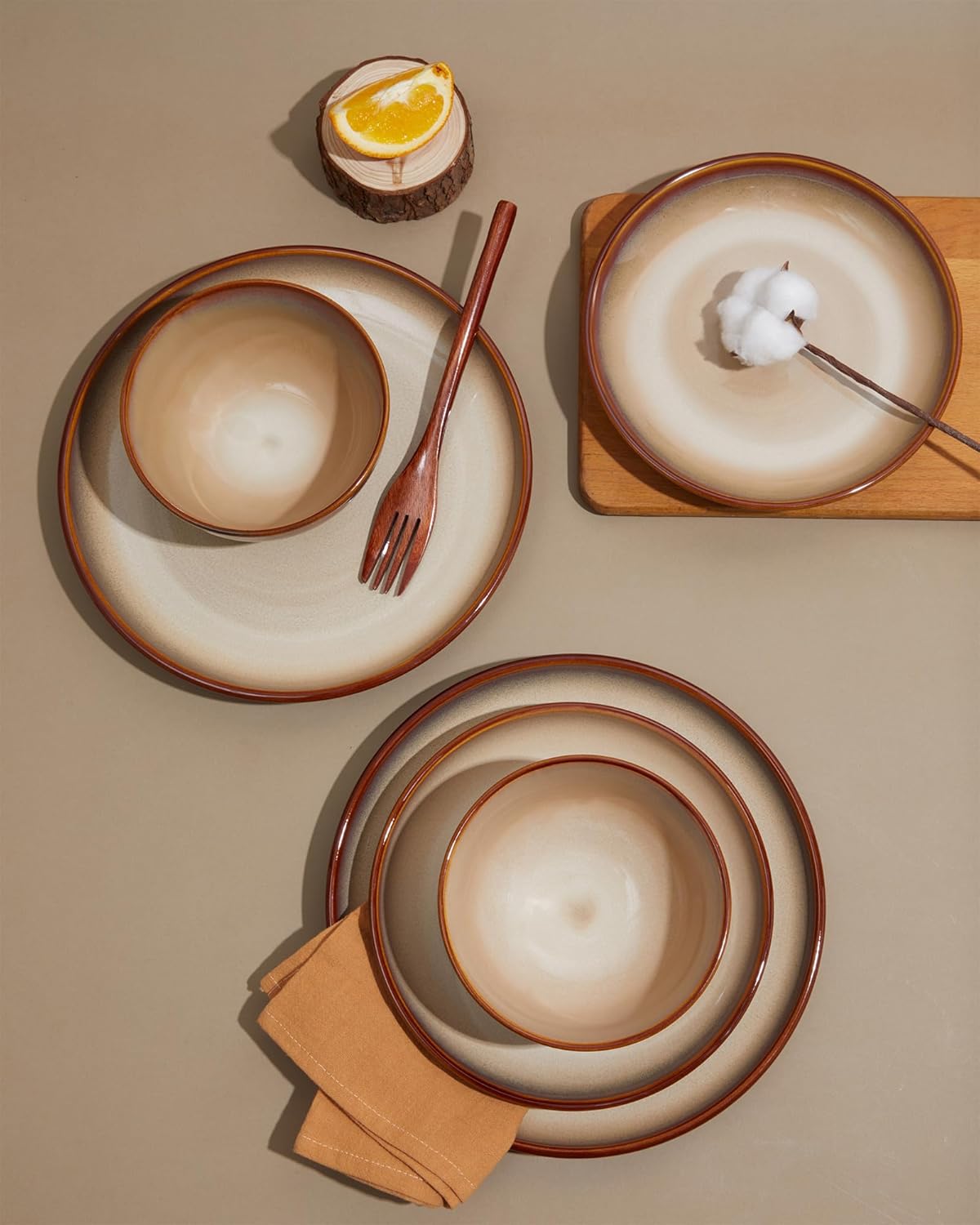 Stoneware Dinnerware Set Service for 4, 12 pcs Reactive Glaze Plates and Bowls Sets, Handmade Round Dishes Set, Highly Chip and Crack Resistant Modern Plate Set, Brown Yellow