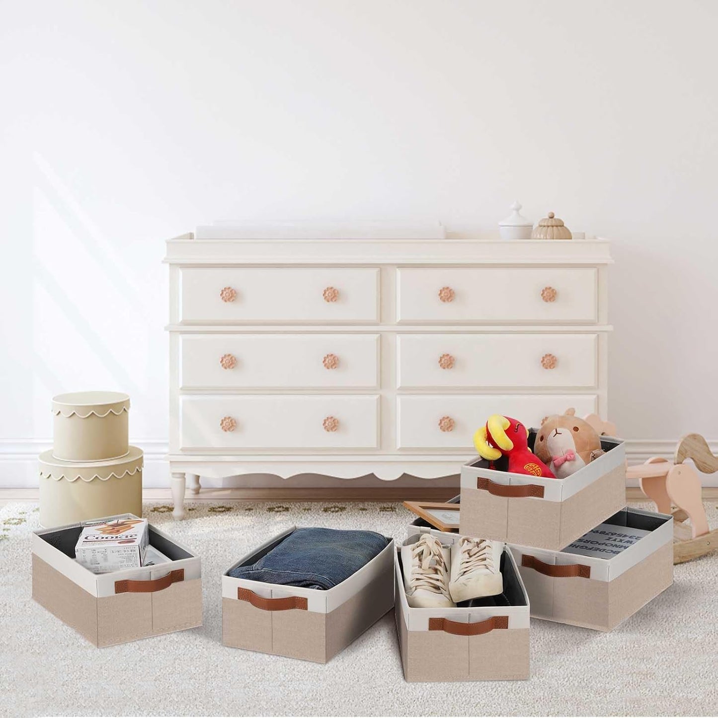 GhvyenntteS Small Fabric Storage Bins 12 Pack, 11.8" x 7.87" x 5.11" Storage Basket with Leather Handles, Closet Storage Bins for Shelves, Storage Baskets for Shelves, DVD Storage (Pink/White)