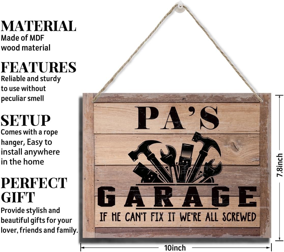 Rustic Father's Day Gift for Dad, Grandpa - Pa's Garage Decor Hanging Wood Sign - If He Can't Fix It We're All Screwed - Vintage Printed Wall Art
