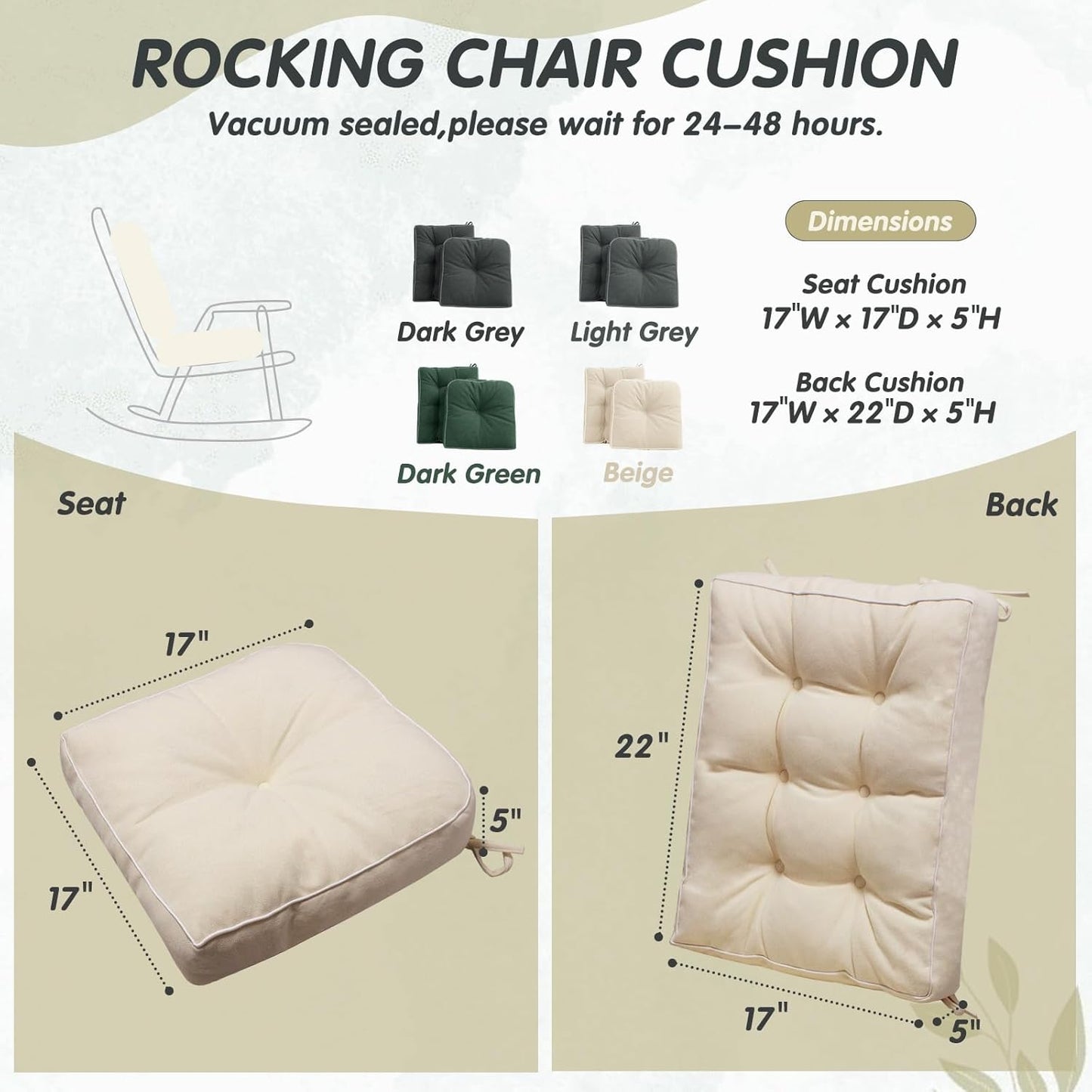 YZ HOME Rocking Chair Cushion, Set of Thicken Seat & Back Chair Cushions with Memory Foam, Non-Slip Chair Pad with Ties for for Indoor&Outdoor Rocker, Beige, 22x17x5/17x17x5