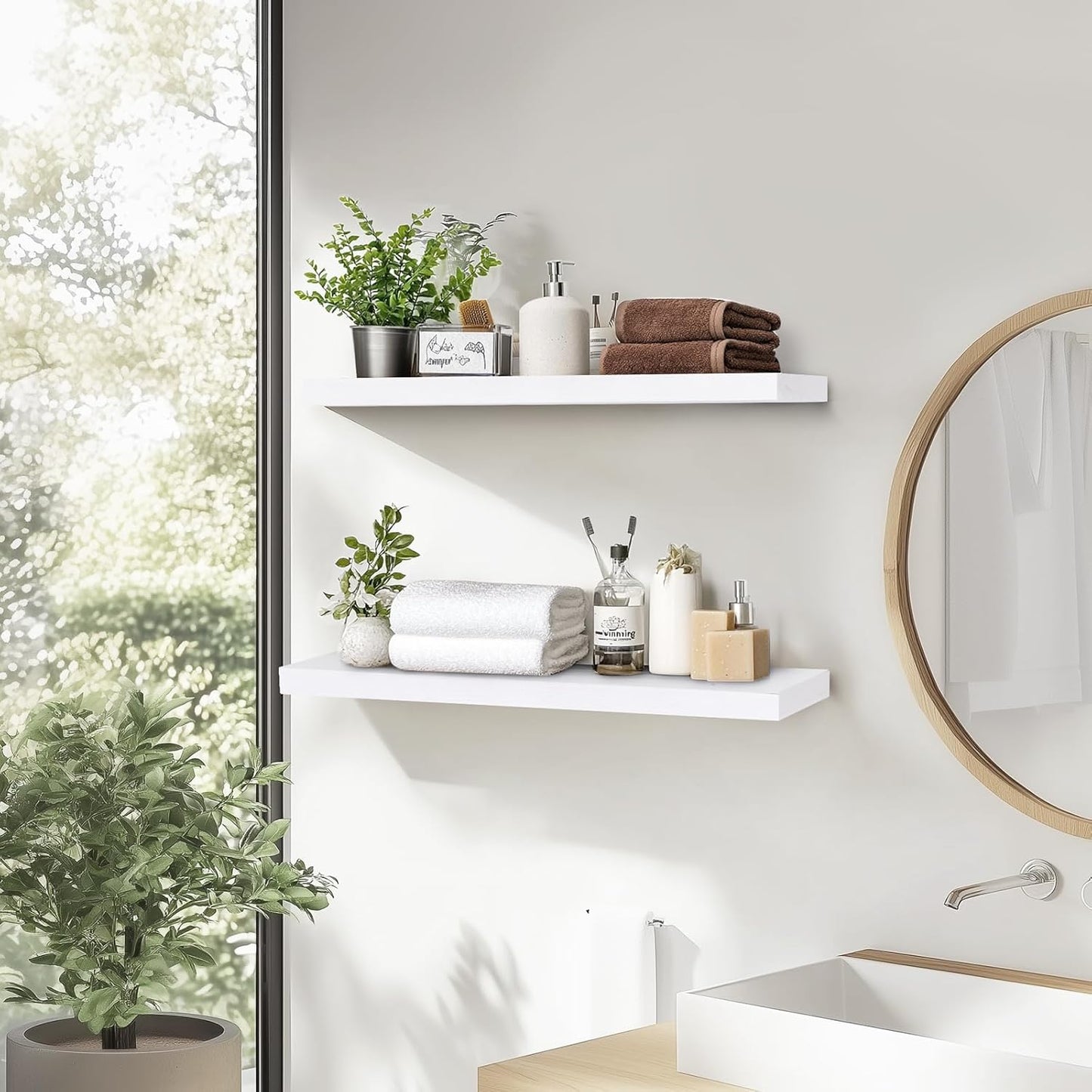 24"x6.8"x1.2" Solid Wood Floating Shelves 2-Pack - Rustic White Finish with Hidden Brackets, Perfect for Storage and Décor in Living Room, Kitchen, Bedroom