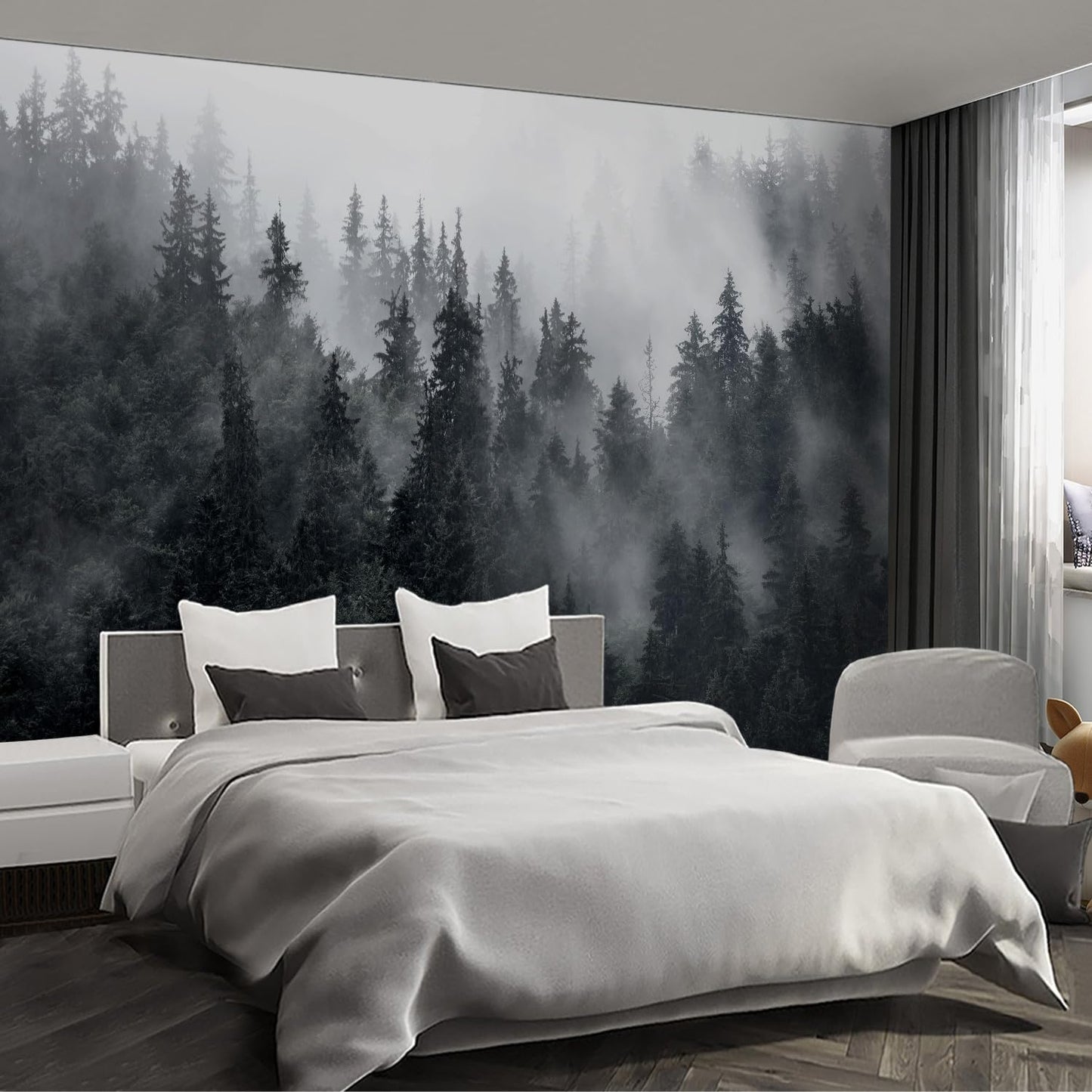 Misty Forest Landscape Wall murals Woodland Tree Peel and Stick Wallpaper for Bedroom Living Room - 96"x137"