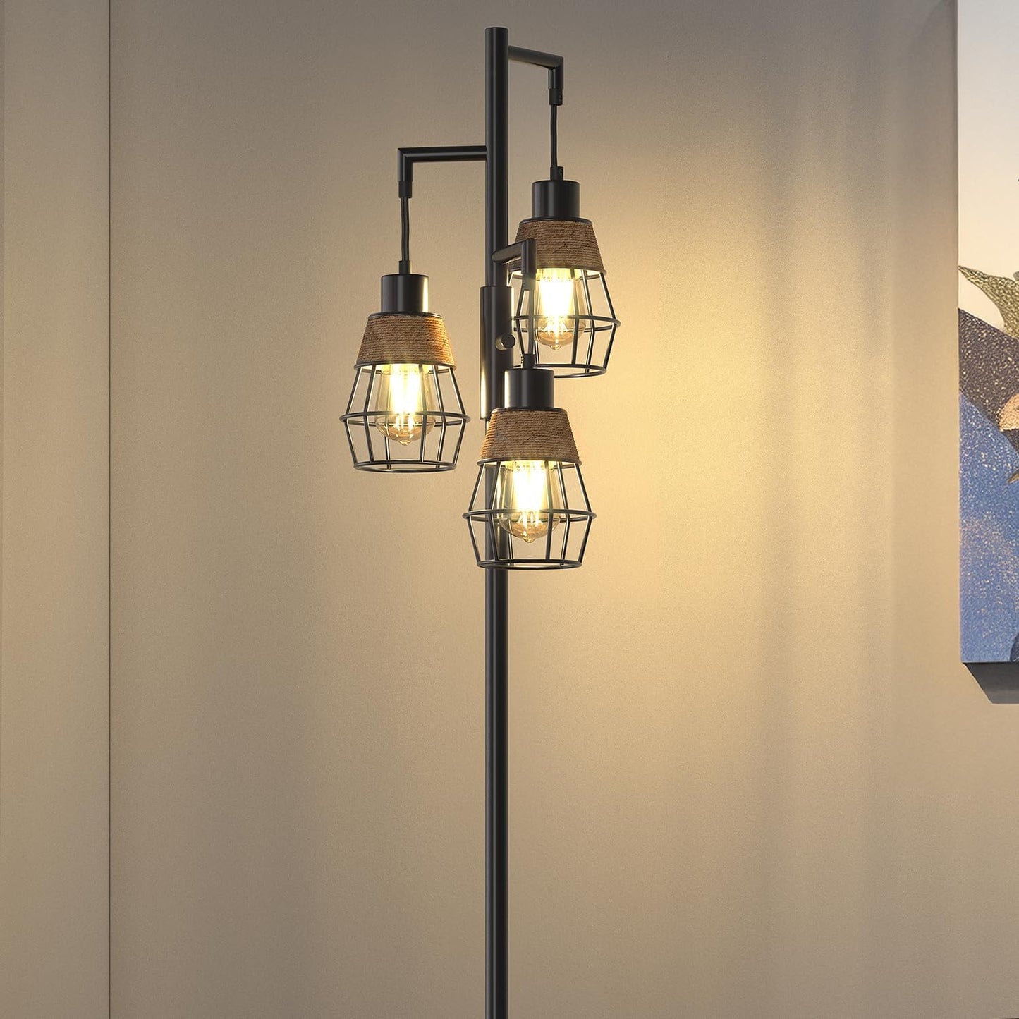 Oneach 68" Floor Lamps for Living Room, Stepless Dimmable Boho Floor Lamp with 3 Bulbs, Tall Farmhouse Industrial Corner Standing Tree Lamp for Bedroom, Office, Study Room, Dining Room, Black