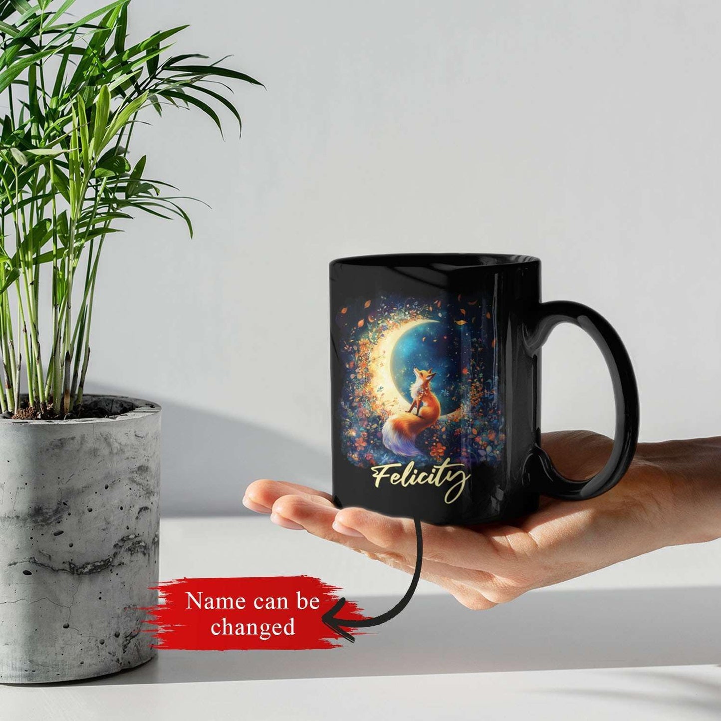 Personalized Name Ceramic Mug, Enchanted Forest Themed Decorative Cup, Custom Cute Fox With Crescent Moon Mug, Customized Floral Fox Coffee Cup 11oz 15oz, Animal Black Mug For Kids