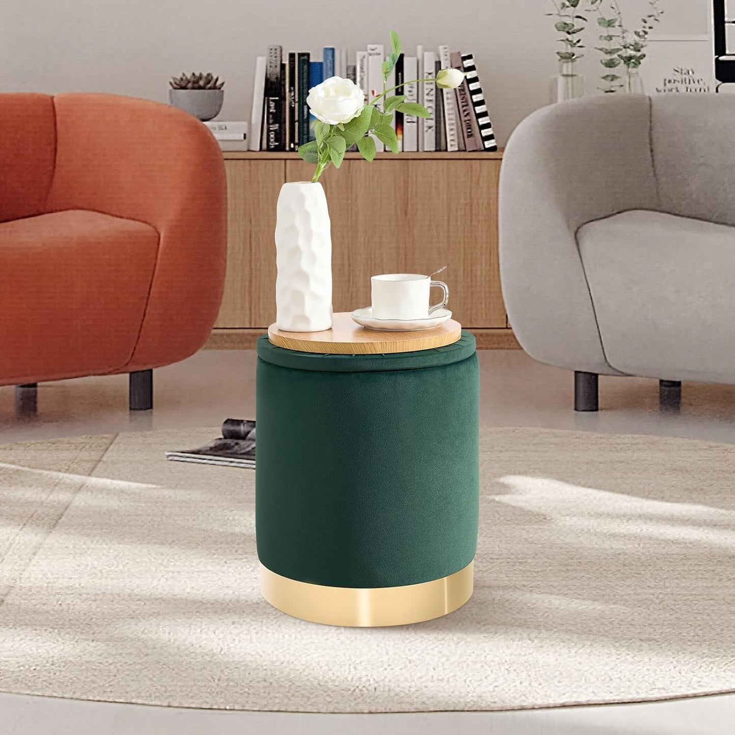 Round Ottoman with Storage Set of 2, Upholstered Velvet Storage Ottomans, Vanity Stool, Multifunctional Ottomans, Coffee Table Foot Rest Ottoman for Living Room Bedroom, Green