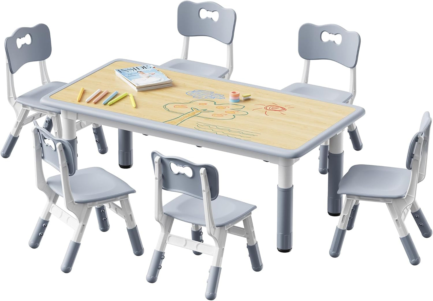 Brelley Kids Table and 6 Chairs Set, Height Adjustable Toddler Desk and Chair Set, Graffiti Desktop, Classroom/Daycare/Home, Children Multi-Activity Table for Ages 2-8