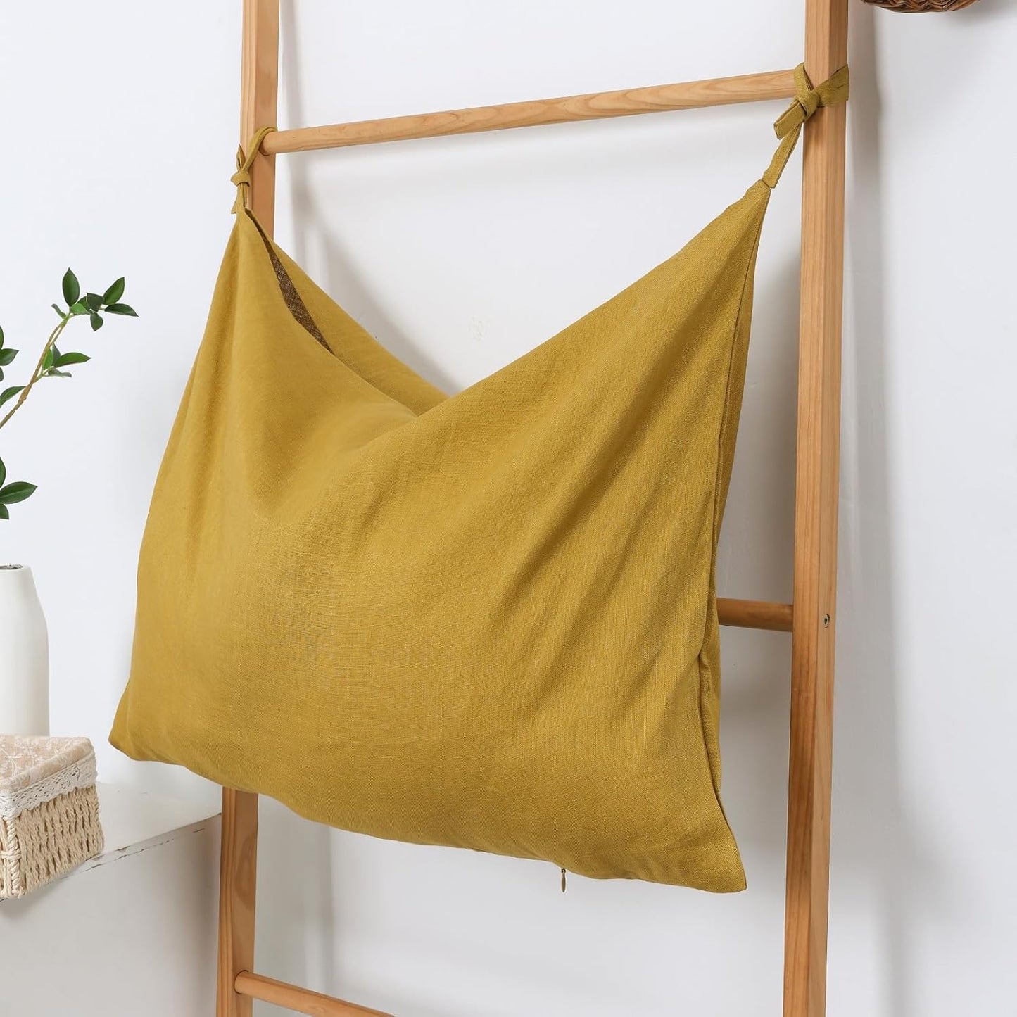 Hanging Linen Laundry Bag, 100% Pure Flax Linen Over The Door Hamper with Bottom Zipper for Laundry Room, Household Dirty Cloth Storage Organizer Bag, Turmeric