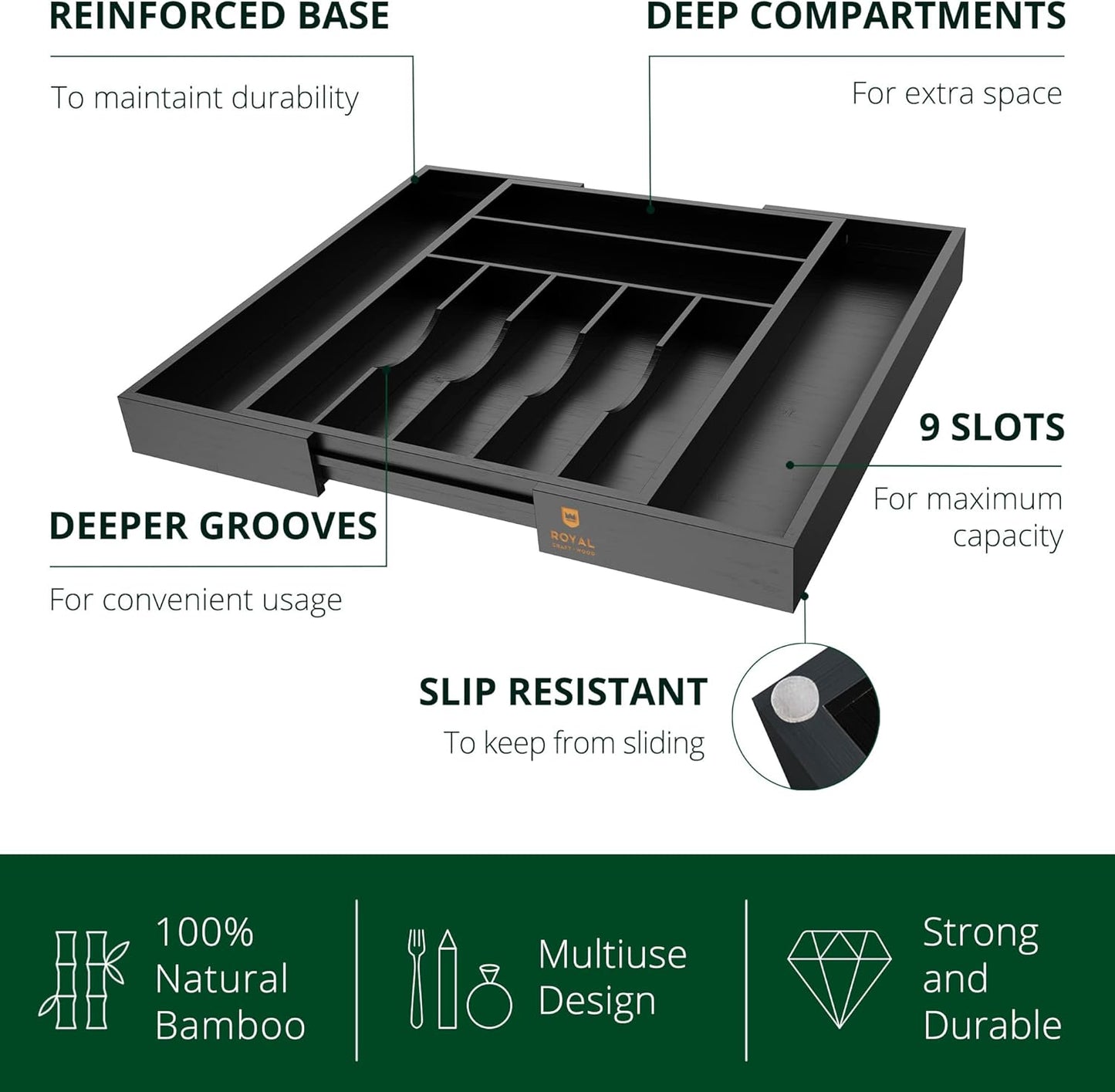 ROYAL CRAFT WOOD Luxury Bamboo Kitchen Drawer Organizer - Silverware Organizer - Utensil Holder and Cutlery Tray with Grooved Drawer Dividers for Flatware and Kitchen Utensils (9 Slot, Black)