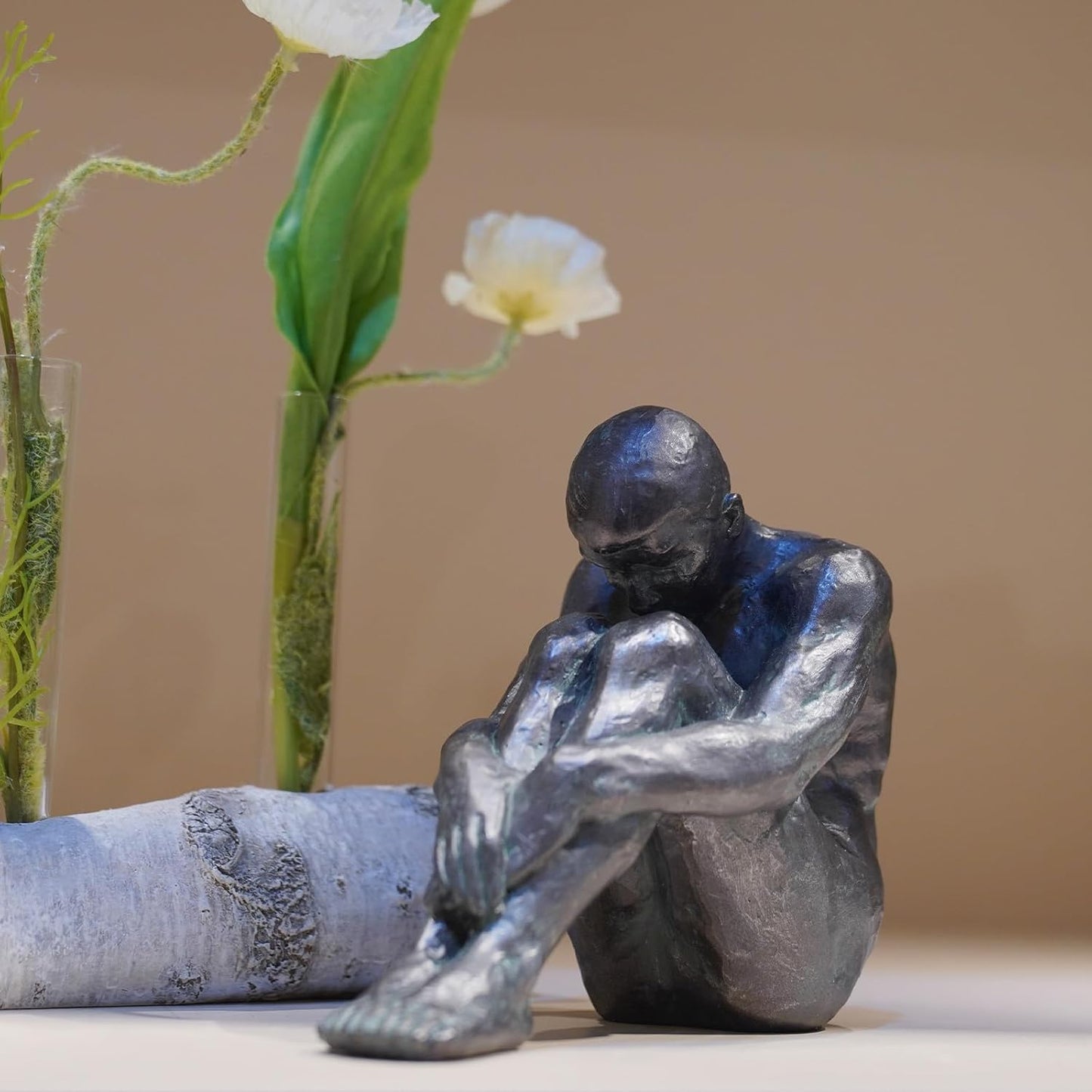 Guichifun Sitting Man Sculptures Home Decor - Resin Bronze Male Holding Arms Legs Lonely Statues Decorative Objects Outdoor Gift for Men 7.5 x 3.7 x 5.8 Inch