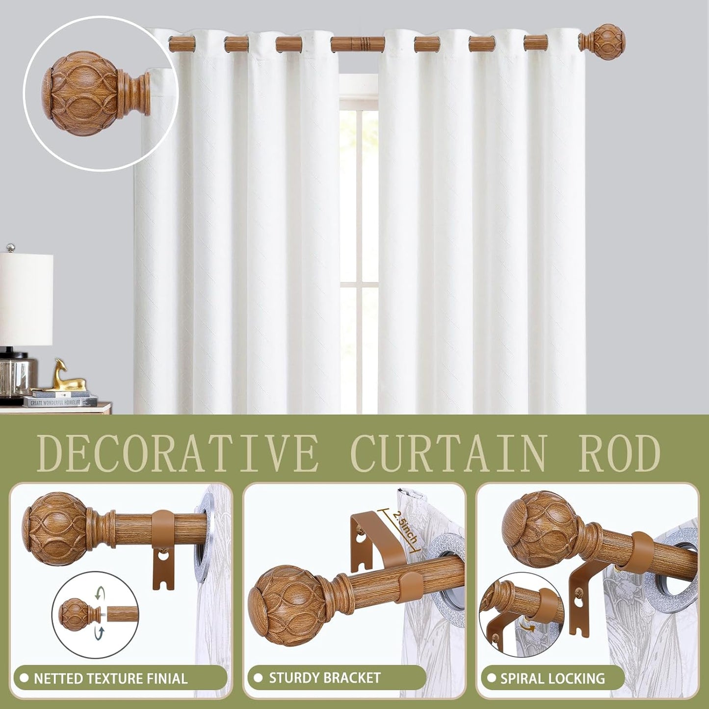 Wood Boho Curtain Rods for Windows:36-88Inch Wooden Farmhouse Curtain Rod for Bedroom Living Room,Heavy Duty Adjustable Rustic Decorative Drapery Rods with Vintage Imitation Wood Finial,Brown