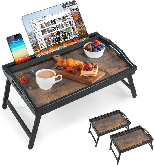 2 Pack Bed Tray Table Breakfast Trays Serving Tray Bamboo Bed Laptap Floding Legs with Handles and Phone Holders