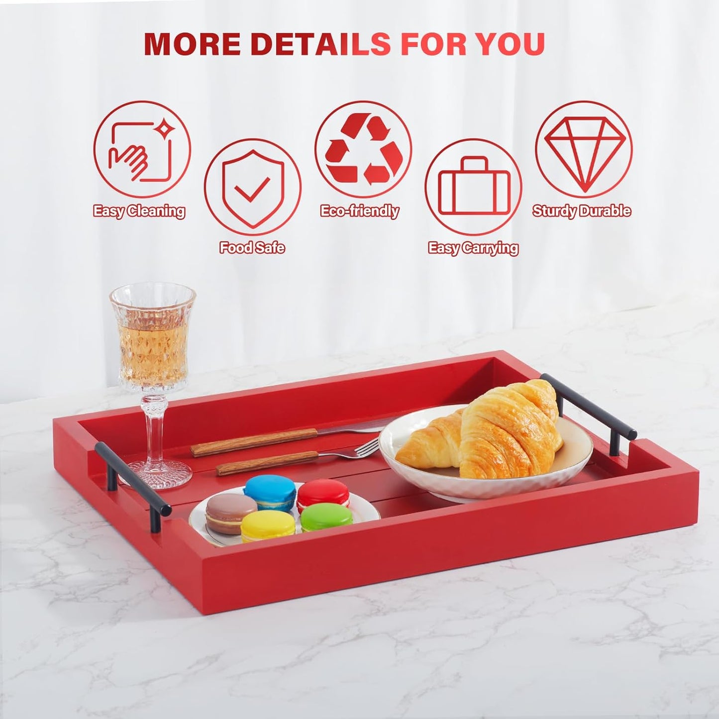 Coffee Table Decorative Serving Tray - 17x13 Inch Wood Tray with 4 Wooden Coasters - Ideal for Ottoman, Breakfast