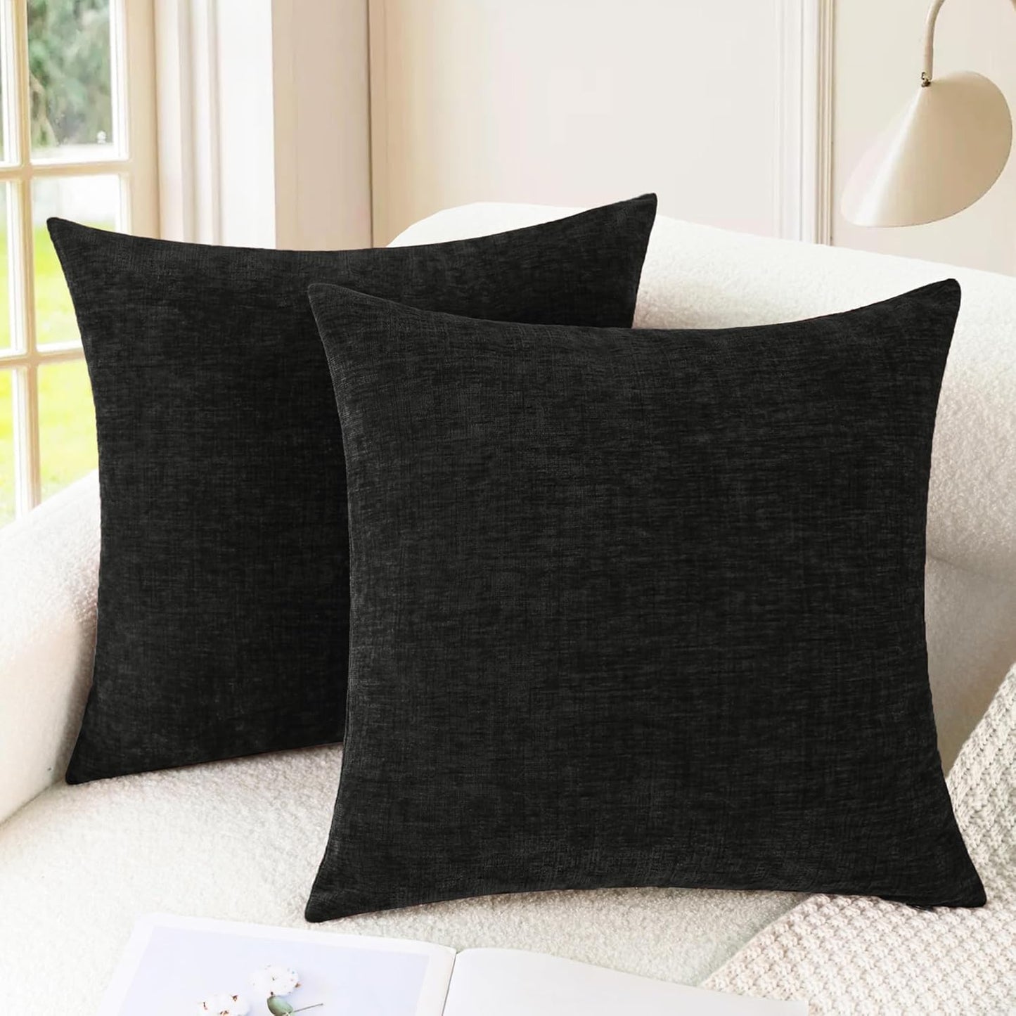 CaliTime Throw Pillow Covers Decorative 22 X 22 Inches Pack of 2 Cozy Chenille Cushion Cases for Couch Sofa Bed Living Room Home Black