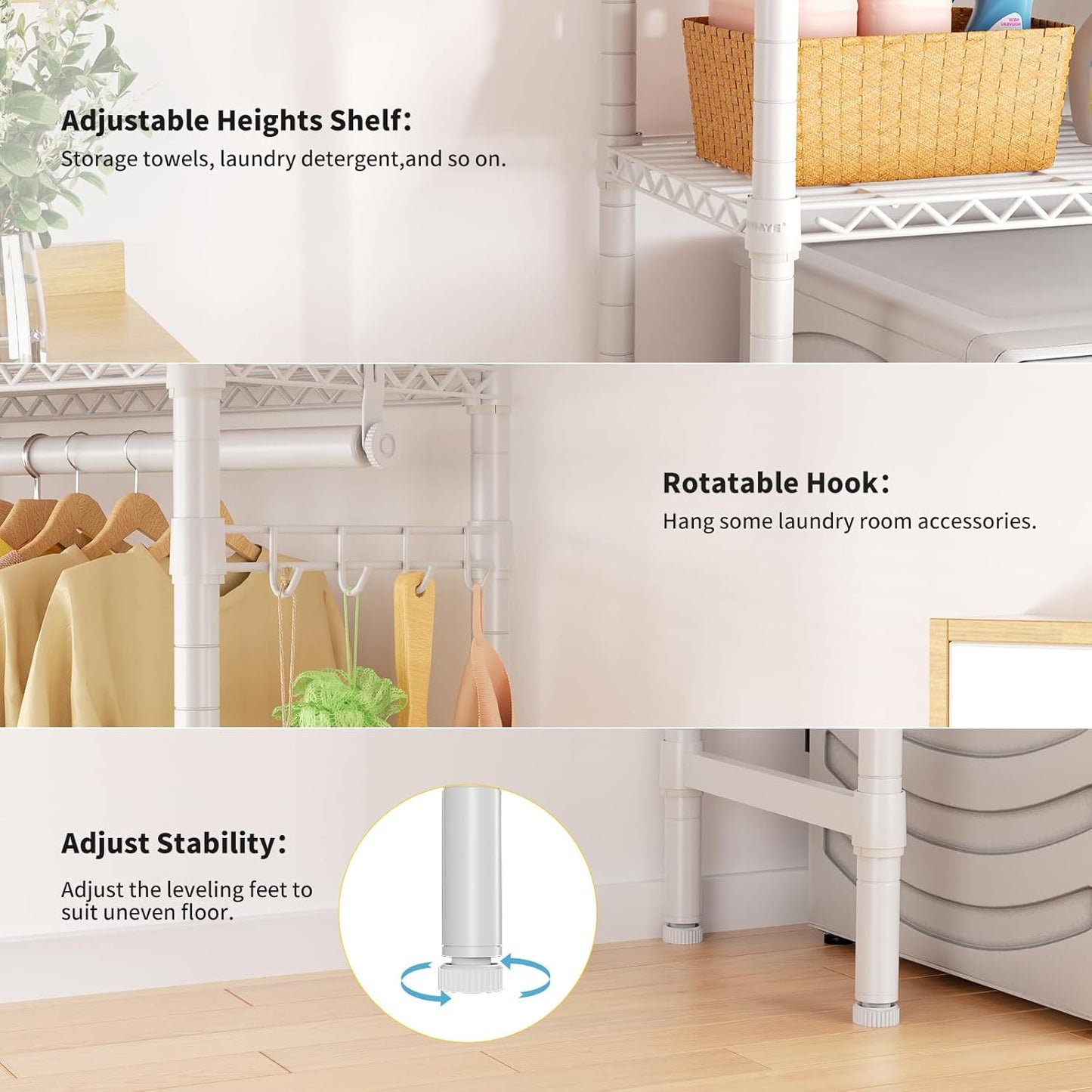 Over Washer and Dryer Shelves,2 Tier Adjustable Height Wire Shelving Laundry Room Storage Organization Clothes Drying Rack with Hanger Rod&Hooks,Space Saving Organizers Shelf,White