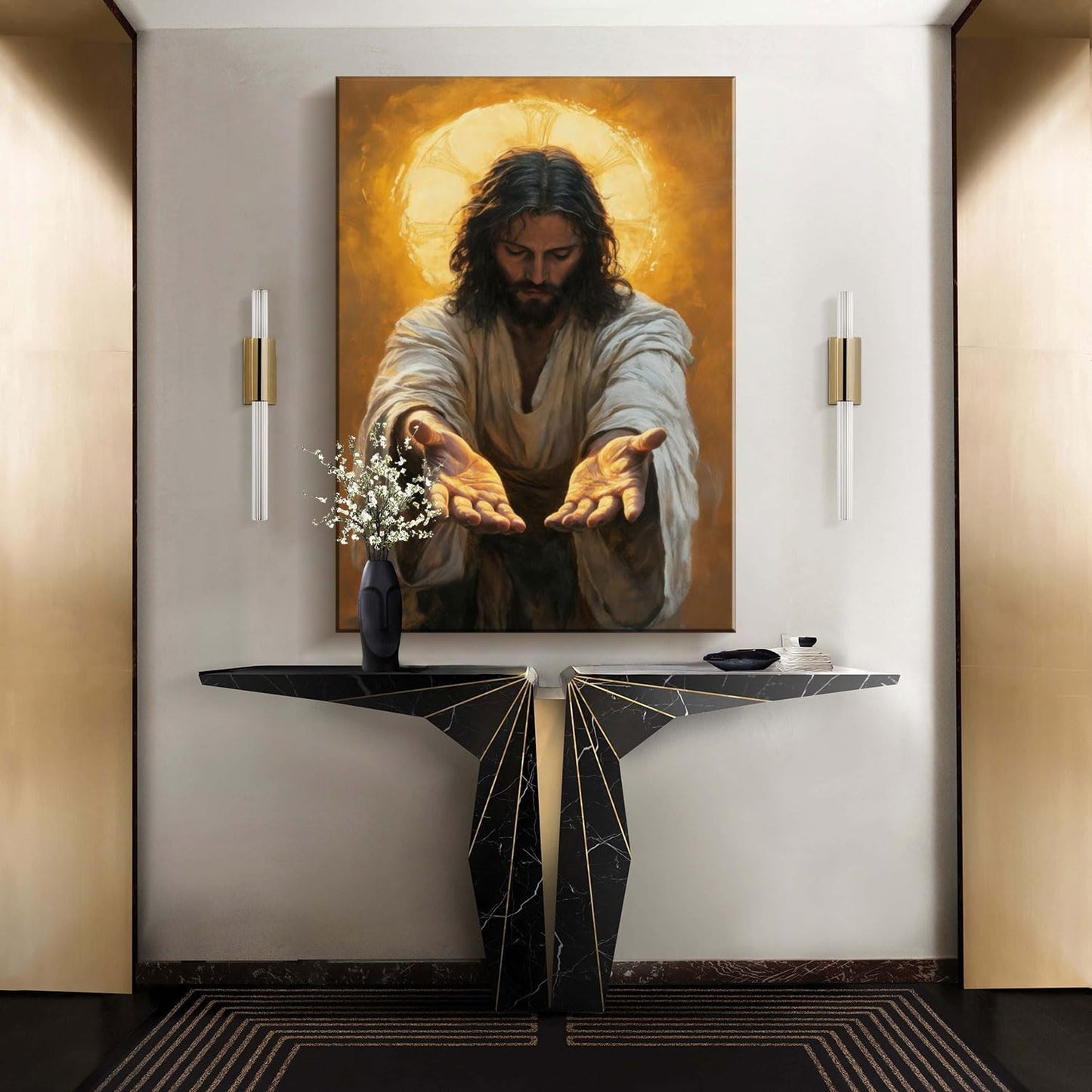 Framed Jesus Canvas Wall Art Painting with Gold Halo Christian Religious Poster Inspirational Christian Gallery Decor Painting Home Church Prayer Room Wall Hanging Print 24x36 Inch Ready to Hang
