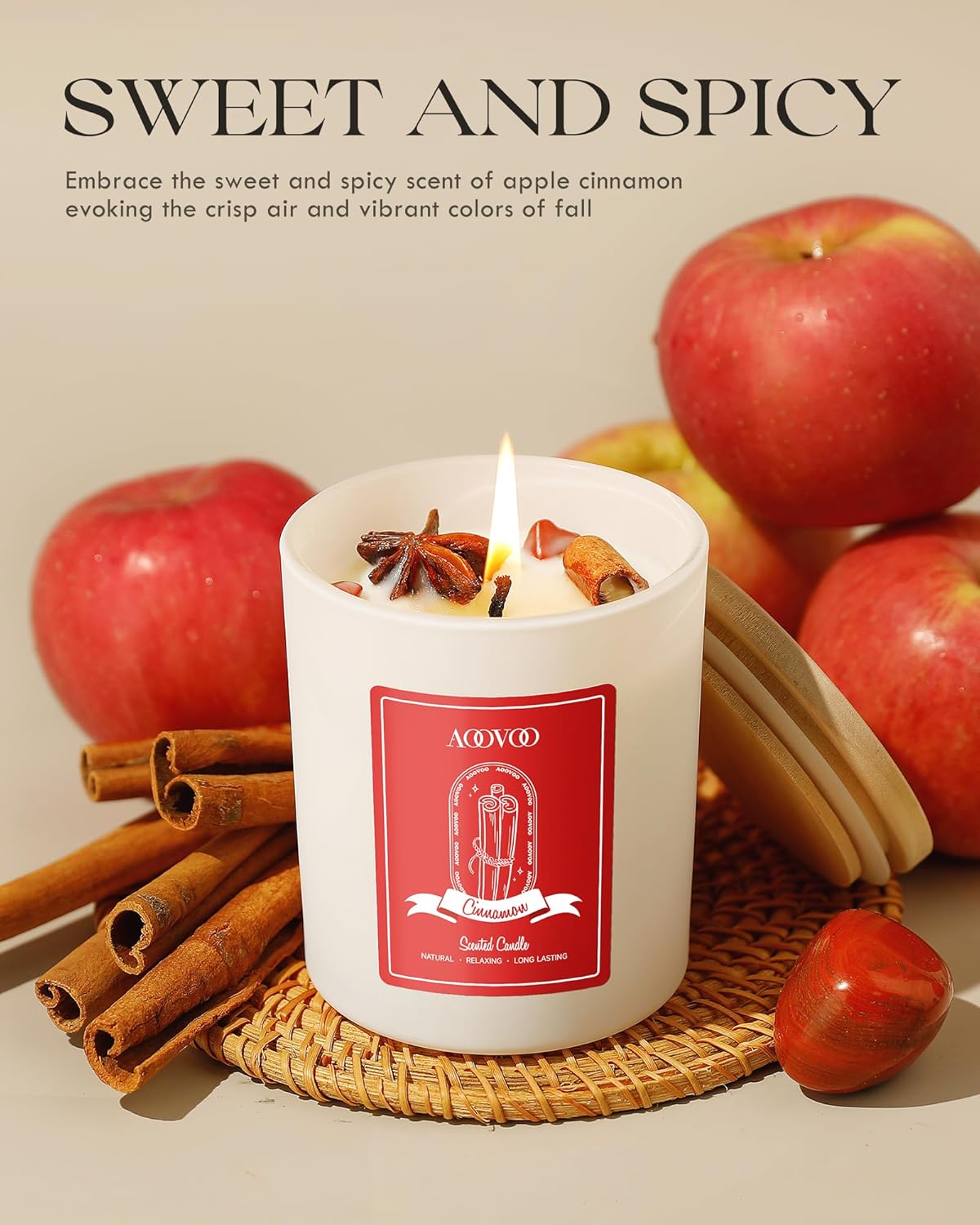 AOOVOO Apple Cinnamon Scented Candles for Women - Aromatherapy Candle with Crystals Inside, 10oz Soy Candles for Home Scented, Birthday Gifts Candle for Women Mom