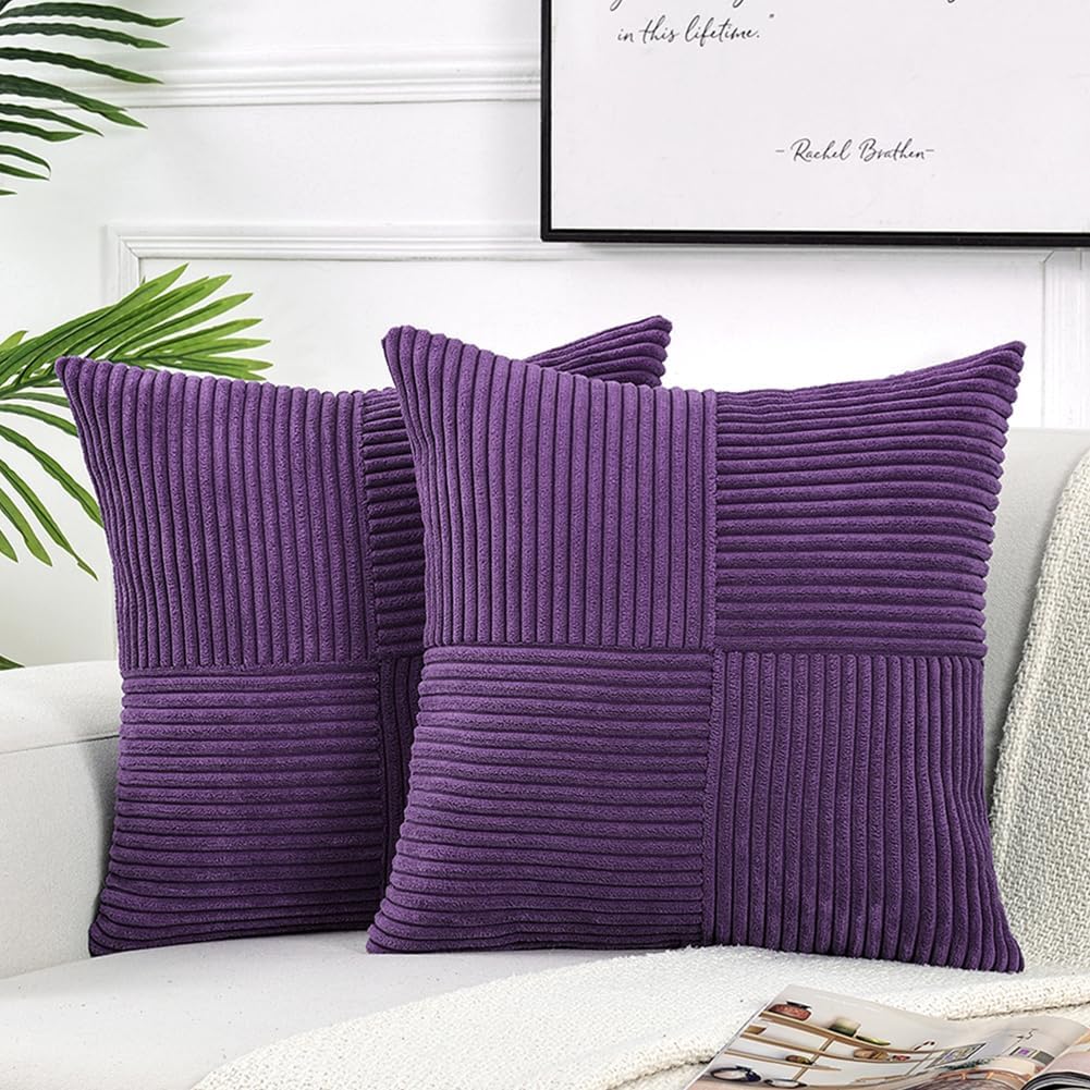 Fancy Homi 2 Packs Purple Decorative Throw Pillow Covers 16x16 Inch for Living Room Couch Bed, Farmhouse Boho Home Decor, Soft Corss Patchwork Corduroy Textured Square Cushion Case 40x40 cm