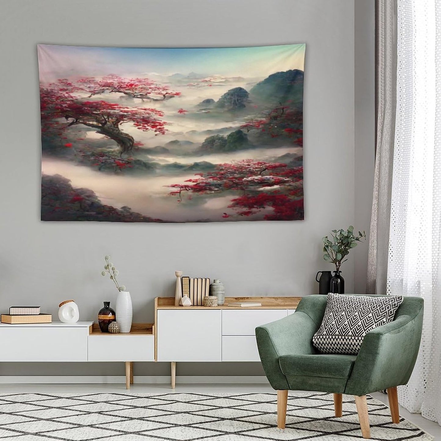 Japanese Tapestry, Red Plum Cherry Blossom Mountain Tapestry, Asian Japanese Wall Tapestry, Nature Landscape Tapestries for Bedroom Living Room Decor 90"x60"