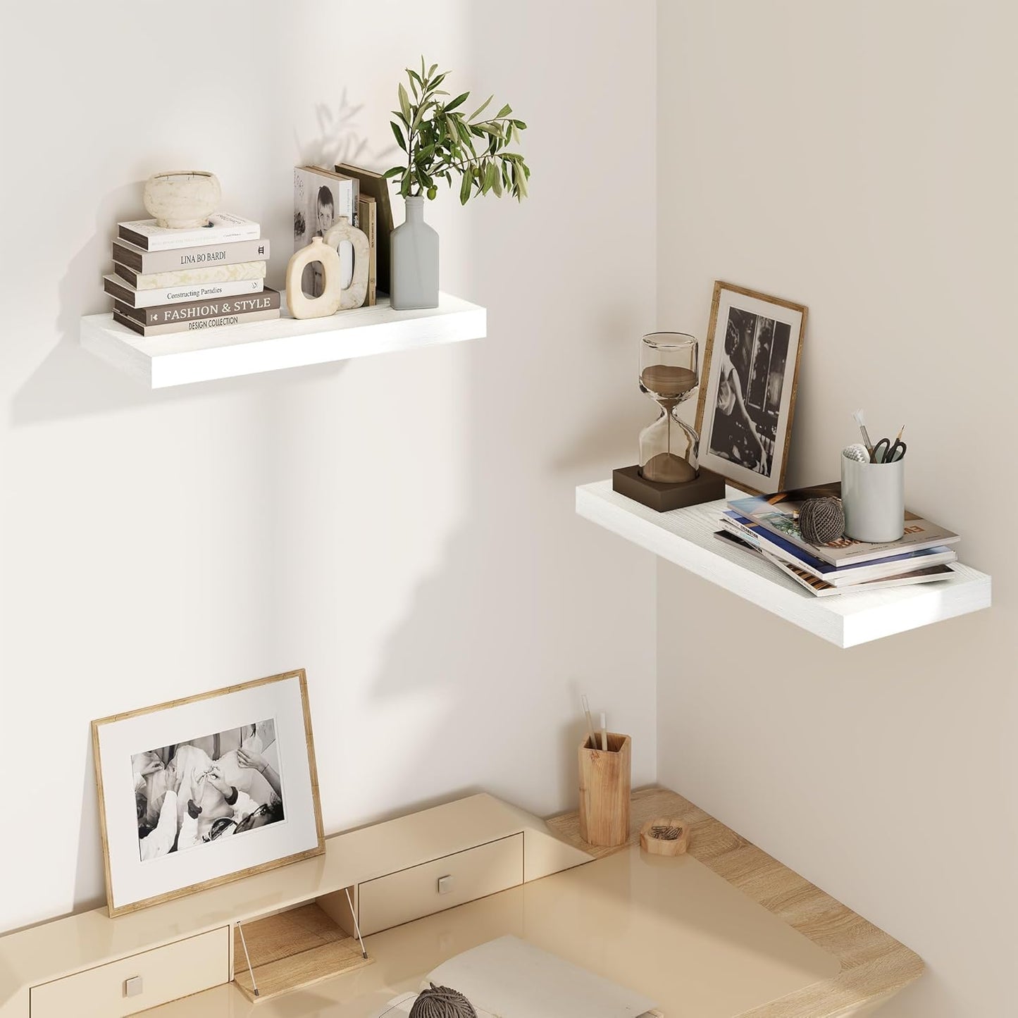 Fun Memories White Floating Shelves 16 Inch Long, 8 Deep Floating Shelf Wall Mounted, 16 x 8 Inch Wooden Bathroom Shelves, Deep Storage Shelves for Living Room, Kitchen, Set of 2