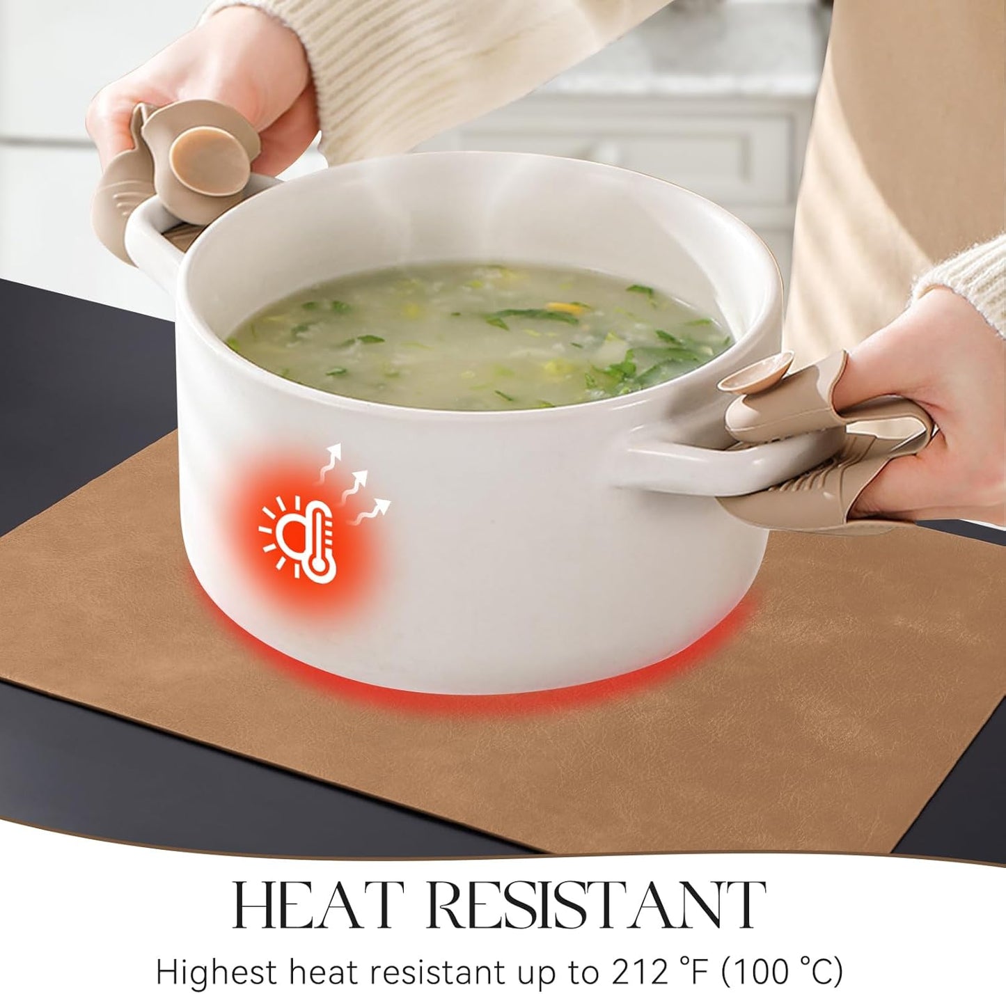 MOSAYT Vinyl Placemats Set of 6-12 X 17 Inch - Faux Leather 100% Waterproof Oil-Proof Wipeable PU Place Mats, Heat Resistant Reversible Table Mats for Kitchen, Dining, Outdoor (Camel)