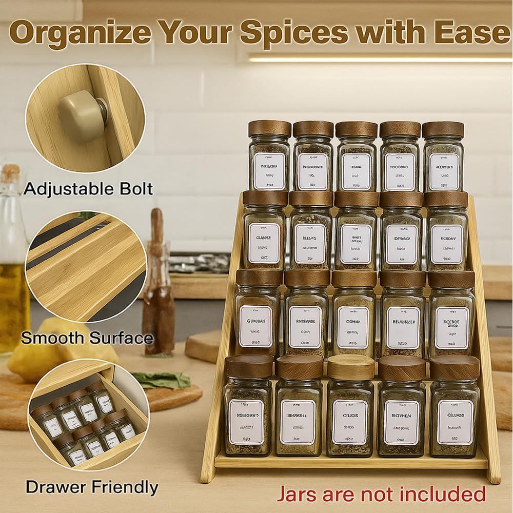 Bamboo Spice Rack Organizer - 3 Tier Foldable Wooden Spice Rack for Countertop, Cabinet & Drawer- Organic Bamboo-Extra Sturdy Wooden Spice Shelf, No Spice Jars Included