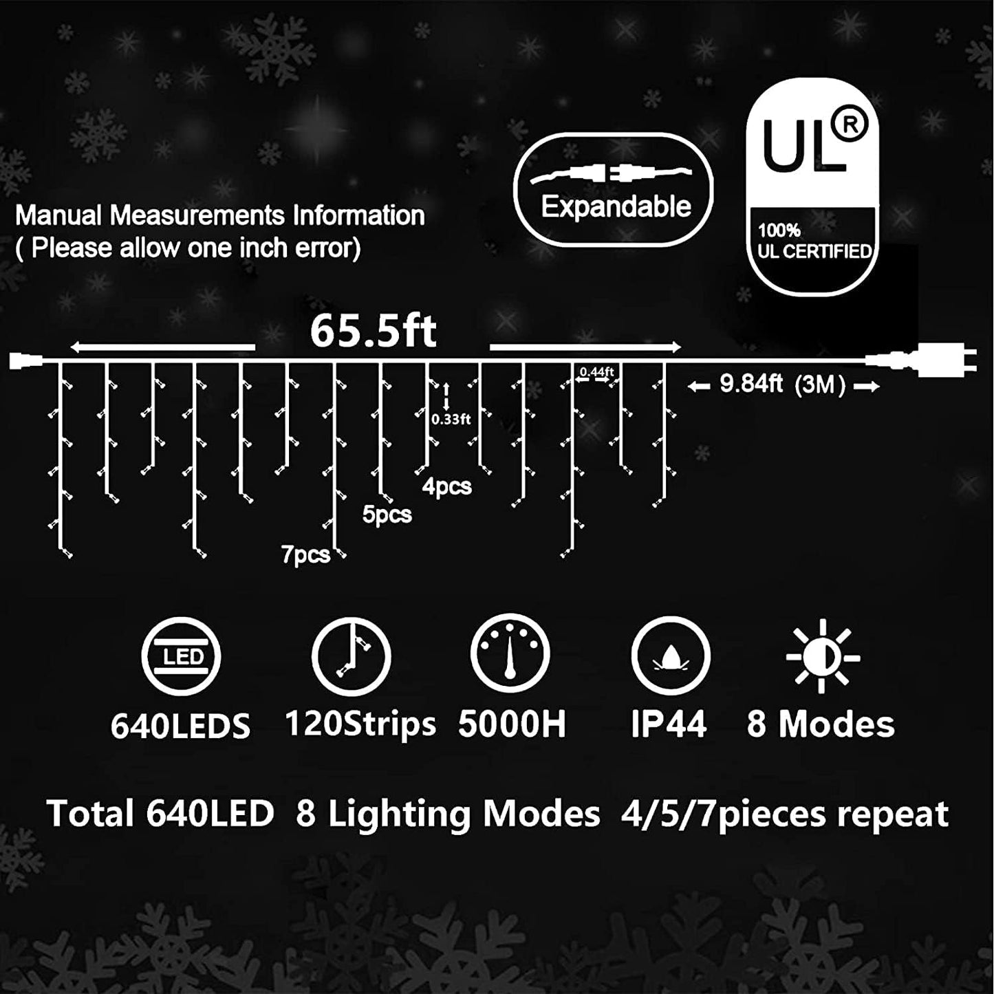 Heceltt Christmas Lights Outdoor, 66FT 640LED Ice Lights 8 Modes with 120 Drops,IP44 Waterproof Timer Memory Function for Christmas Decorations (Multicolor)