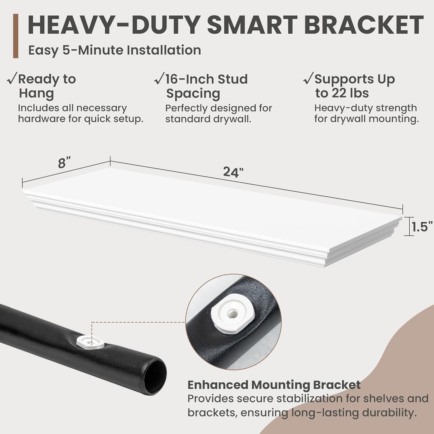 Floating Shelves for Wall, 24 Inch Long Wall Mounted White Hanging Shelf for Kitchen, Living Room, Office, Bedroom, Bathroom, Retro Vintage Wood Bookshelf for House Decor
