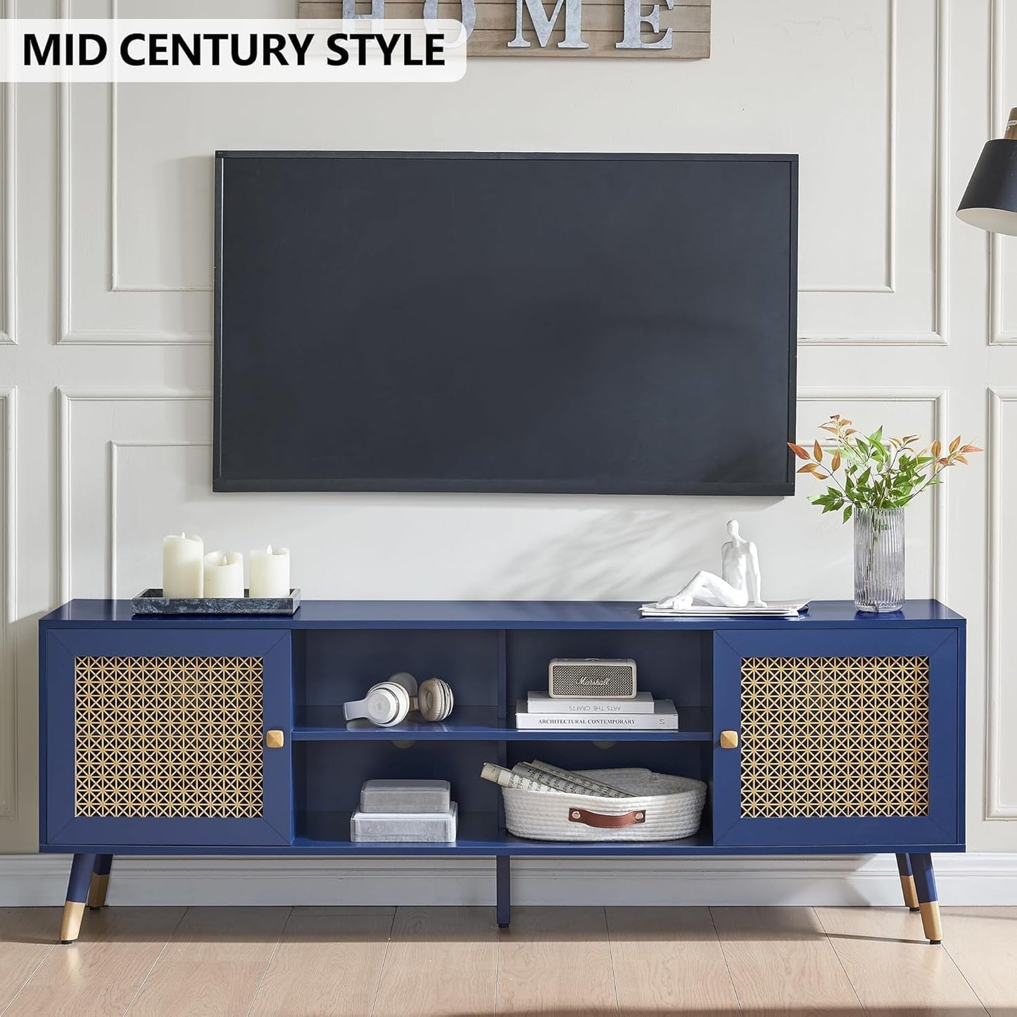 Mid Century Modern Entertainment Center, Blue TV Stand for TVs up to 75", Boho Tv Furnitures with Storage Cabinet and Shelves, Tv Console Media Center with Gold Metal Mesh Doors for Living Room