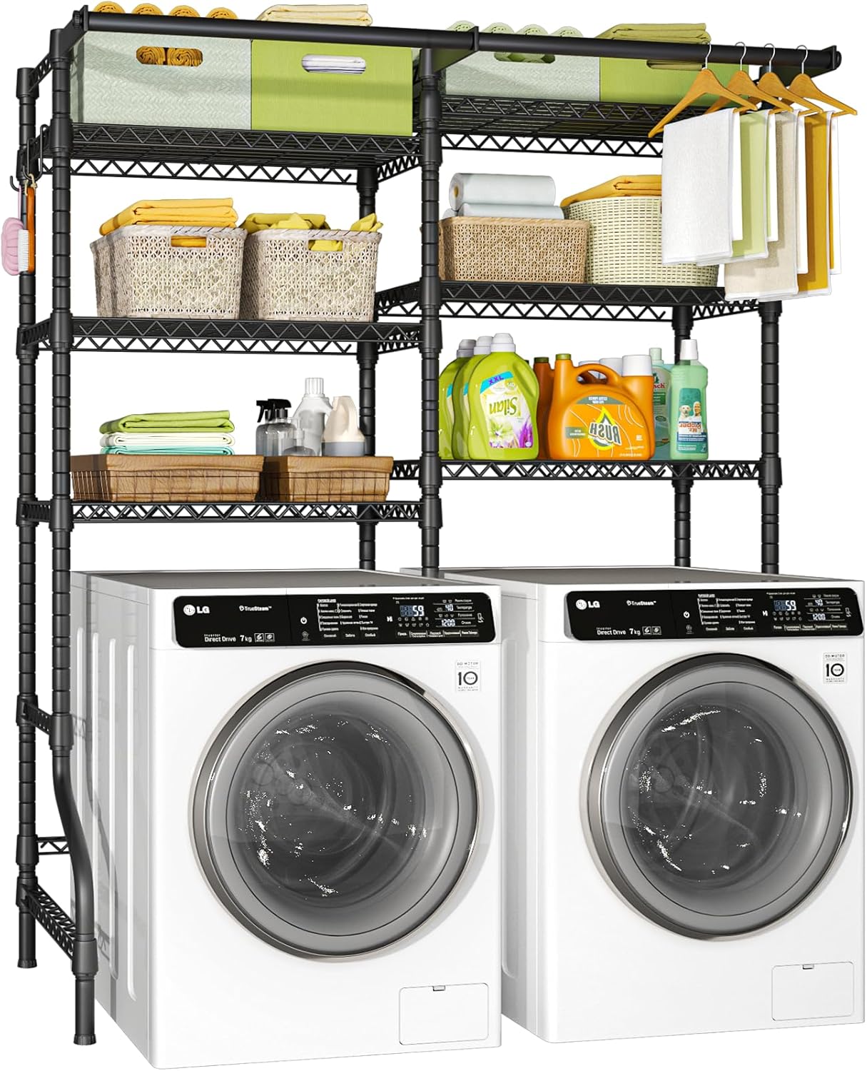 Ulif U13 Over Washer and Dryer Storage Shelves, 6 Tiers Laundry Room Standing Shelf with 2 Hanger Rods, Space Saver Clothes Drying Rack, 63.4" W x 22" D x 77.4" H, Black