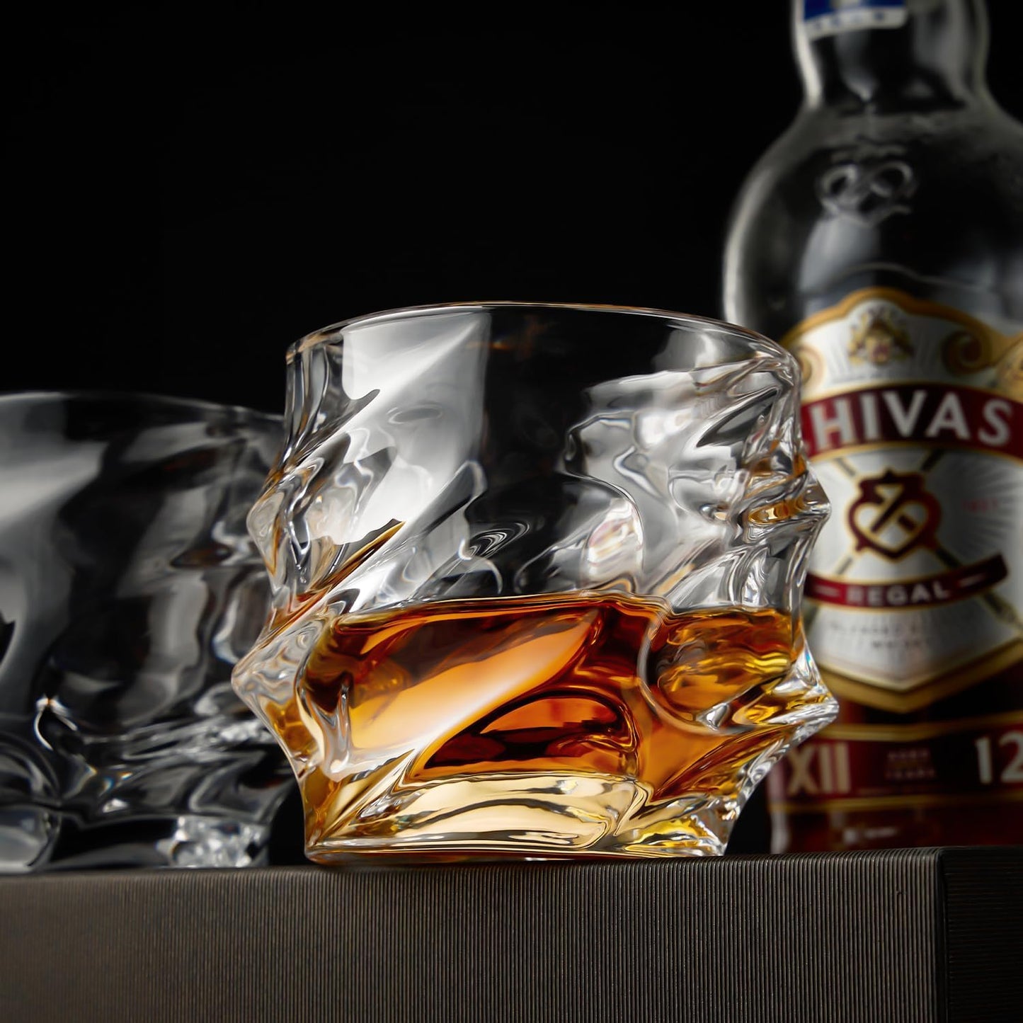 12 oz Hand Blown Crystal Whiskey Glasses Set of 4, Unique Cognac Glass, Heavy Thick Bottom Bar Glass for Scotch Bourbon Rum Gin Water Cocktail,Gifts Men Gifts Ideas