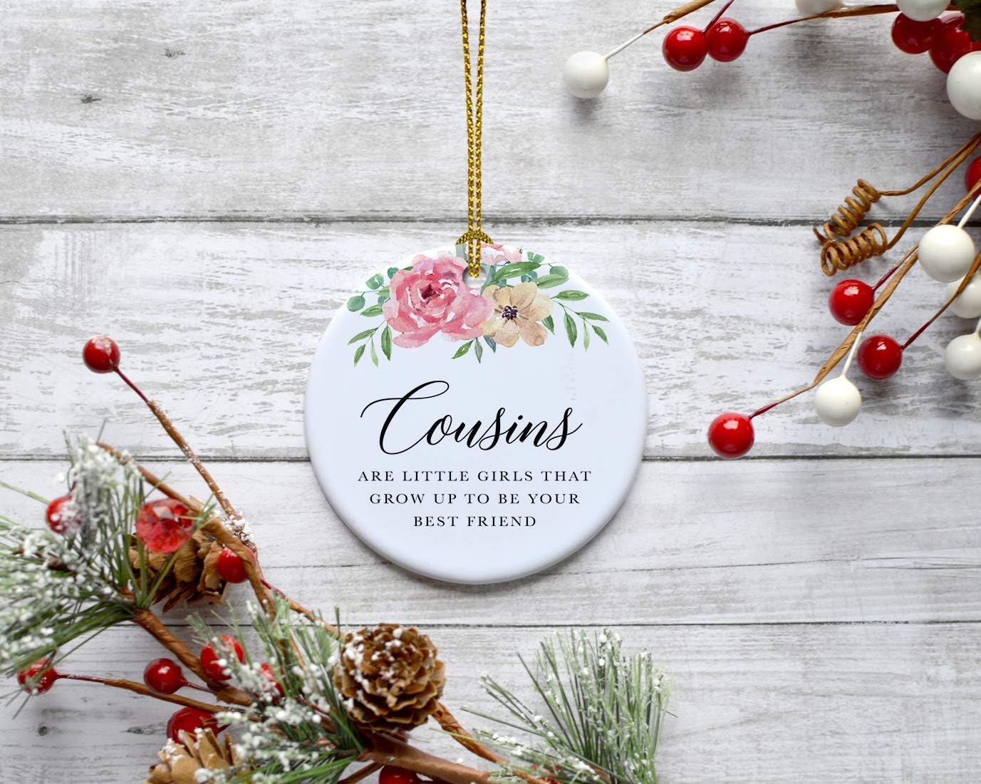 Andaz Press Round Ceramic Porcelain Christmas Tree Ornament Keepsake Gift for Cousins, Cousins are Little Girls That Grow Up to Be Best Friends, 1-Pack