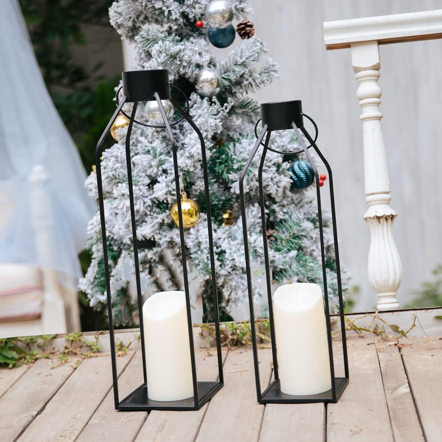 HPC Decor 22'' 19'' Lanterns Decorative w/ Flickering Timer Candles- Large Tall Black Metal Candle Lanterns Set of 2- Modern Farmhouse Decor for Indoor,Outdoor,Tabletop,Porch (No Glass)