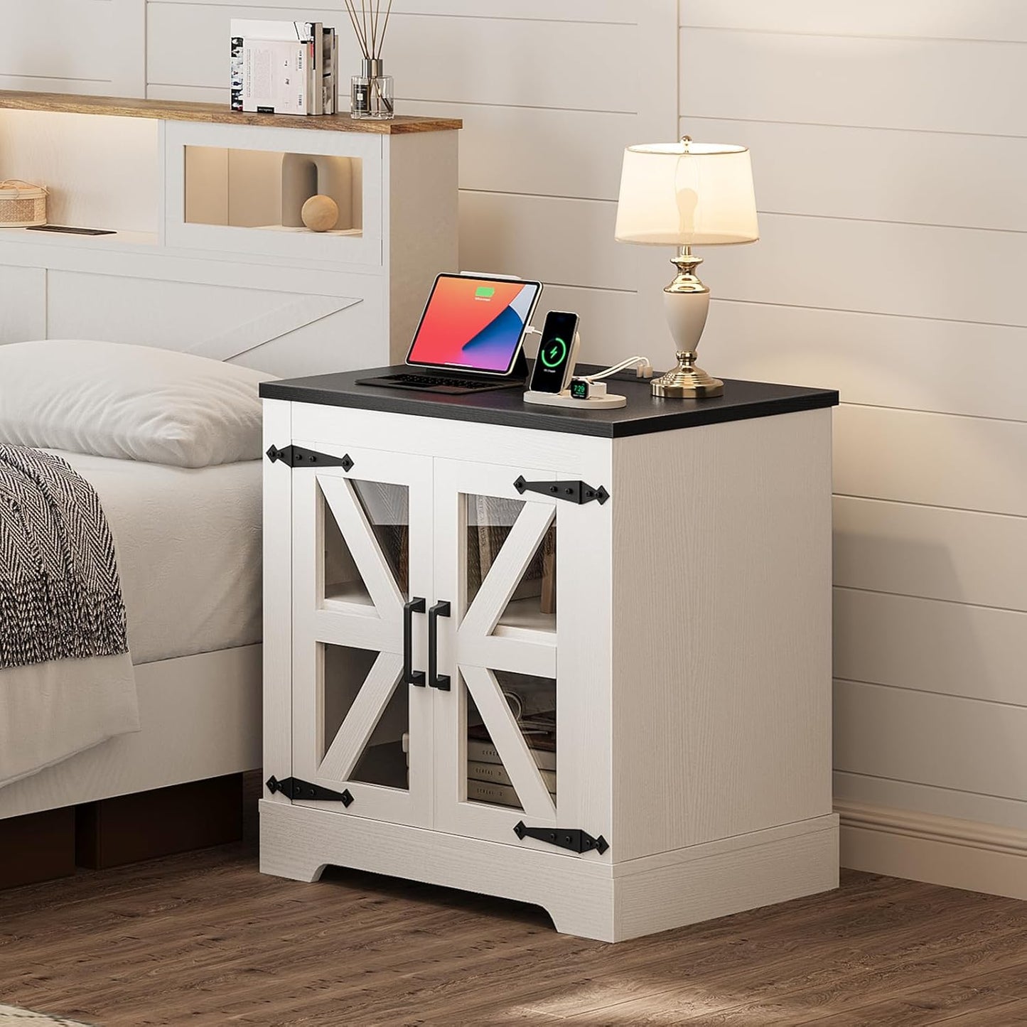 Farmhouse Side Table - 24" Large Night Stand Set 2, Wood Nightstand with Charging Station, Bedside Table with Adjustable Shelf, End Tables Living Room, Rustic Bed Side Tables Bedroom, White