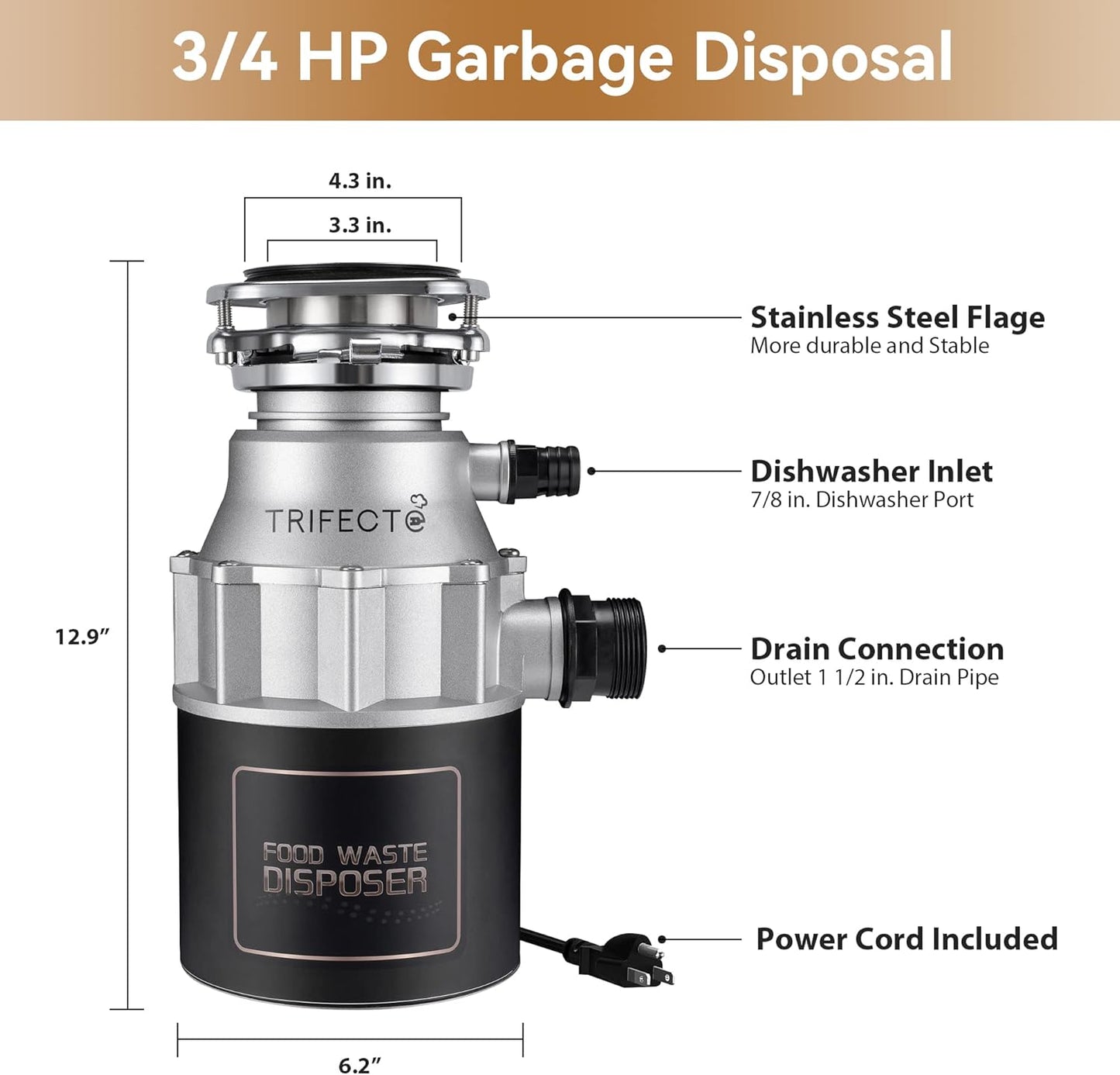 Trifecte Garbage Disposals with Power Cord, Coutinuous Feed Food Waste Disposal with Sound Reduction (EM 200)