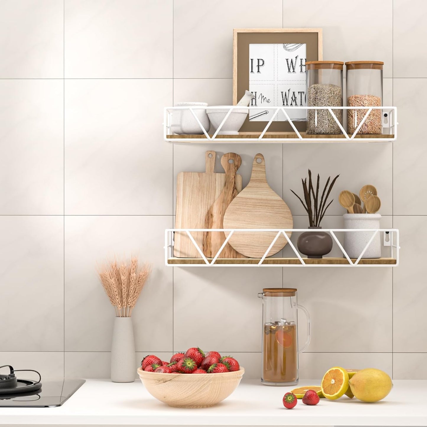 Floating Shelves Set of 3, Home Wood Wall Shelf, Farmhouse Shelf for Bedroom, Wall Mounted Floating Shelf for Living Room, Bedroom, Bathroom, Kitchen, Office (White)