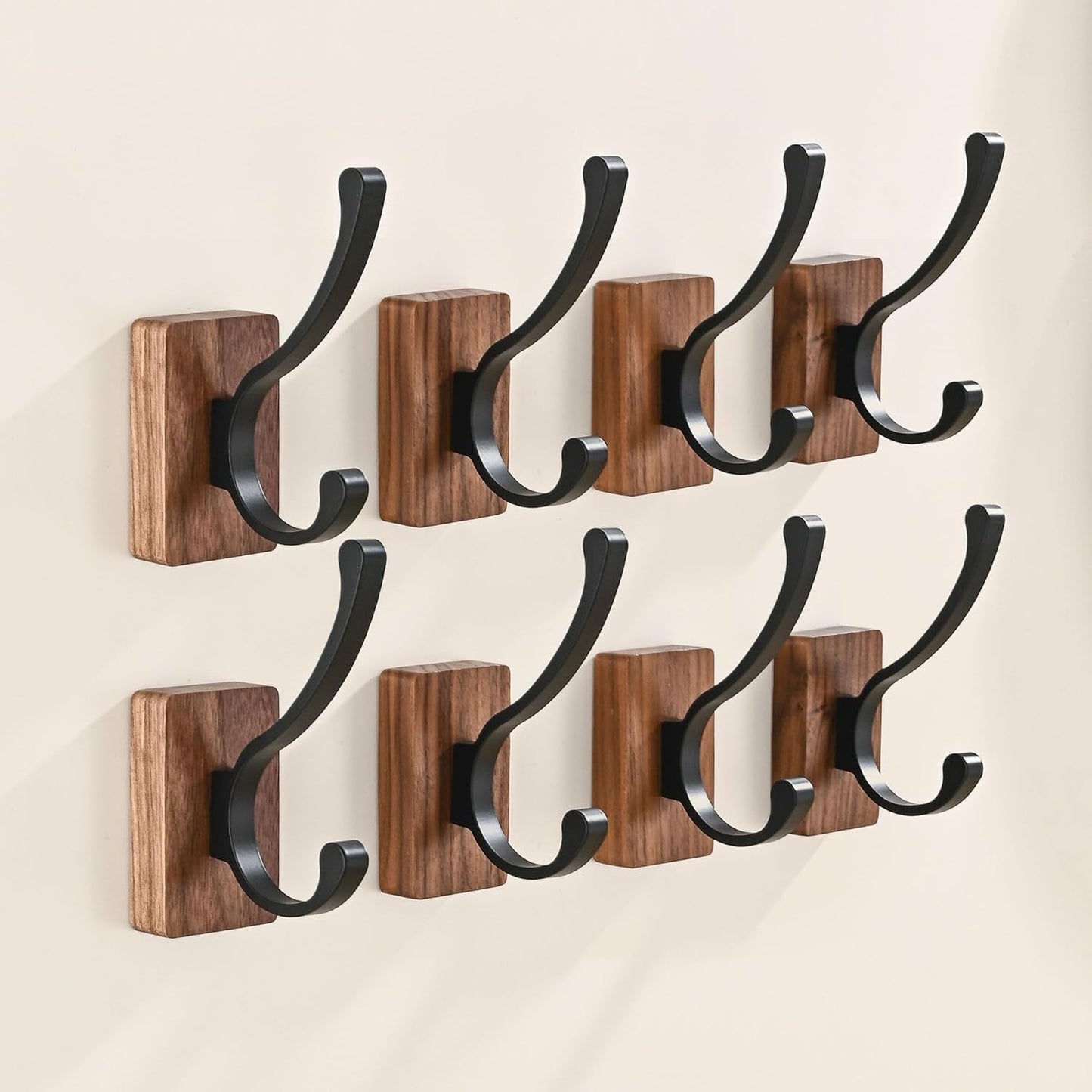 8 Pack Wooden Wall Hooks for Hanging, Adhesive Mounted & Wall Mounted Nature Wood Coat Hooks for Towel Clothes Blanket Hat Backpack Robe Nursery Door Board Entryway Key Holder
