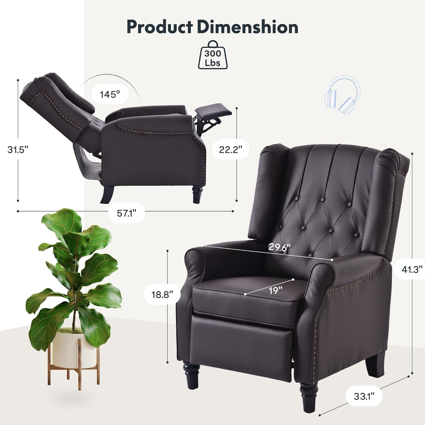 Softa Recliner Chair for Adults, Mid Century Wingback Pushback Accent Chair with Rivet Decoration, Tufted Upholstered Single Sofa Armchair for Living Room, Bedroom, Study (PU, Brown)