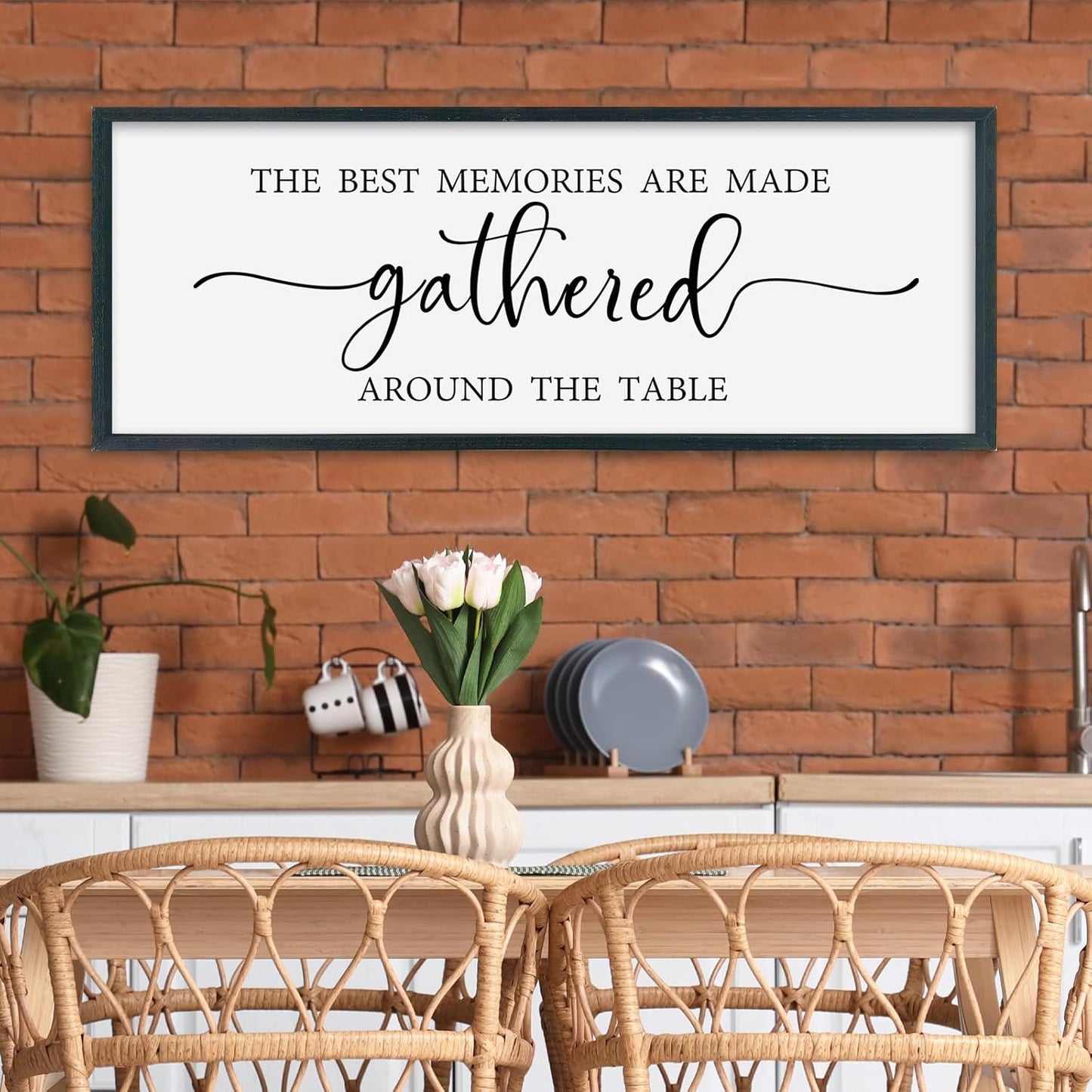 SRSZHIYUE The Best Memories Are Made Gathered Around The Table Sign Wall Decor Art 32"×12" for Kitchen Dining Room Large Wood Framed Wall Hanging (Black)