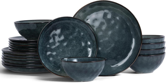 Famiware Ocean Round Plates and Bowls Set, 18 Pieces Dinnerware Sets, Dishes Set for 6, Reactive Glaze, Microwave and Dishwasher Safe, Scratch Resistant, Deep Forest