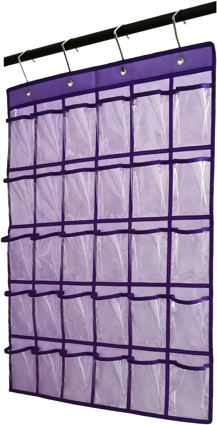 Classroom Pocket Chart for Phone Calculator Holder Over The Door Hanging Closet Jewelry Organizer with 30 Clear Pockets (Purple)